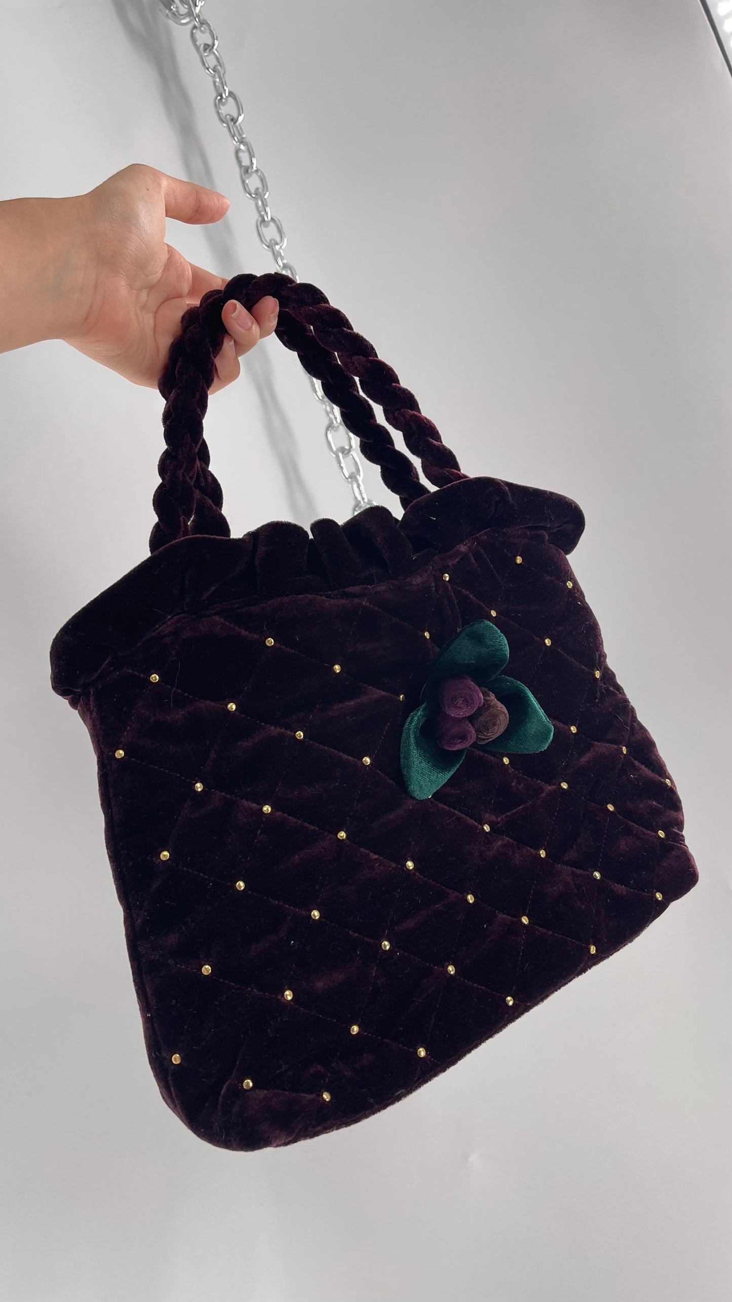 Vintage Purple Violet Velvet Quilted Purse with Rope Handles and Gold Metal Closure