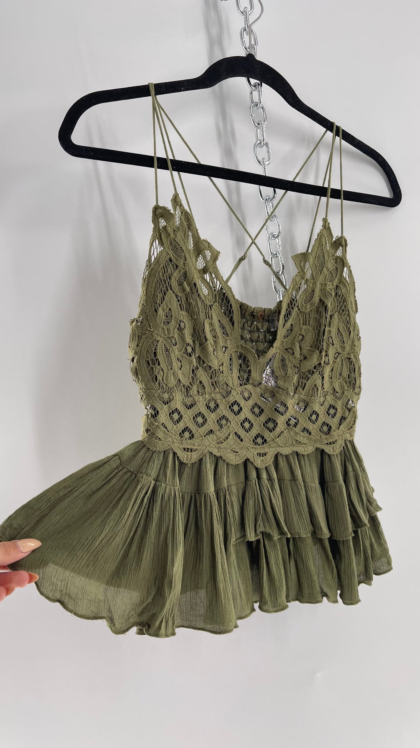 Free People Army Green Lace Bralette Top with Ruffled Hem (Large)