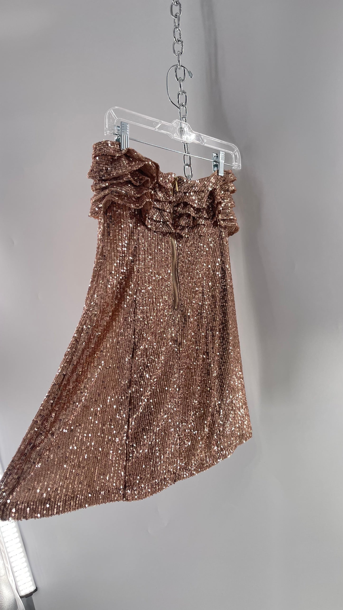 Free People Rose Gold Sequin Mini Dress with Ruffled Bust and Statement Back Zipper (4)
