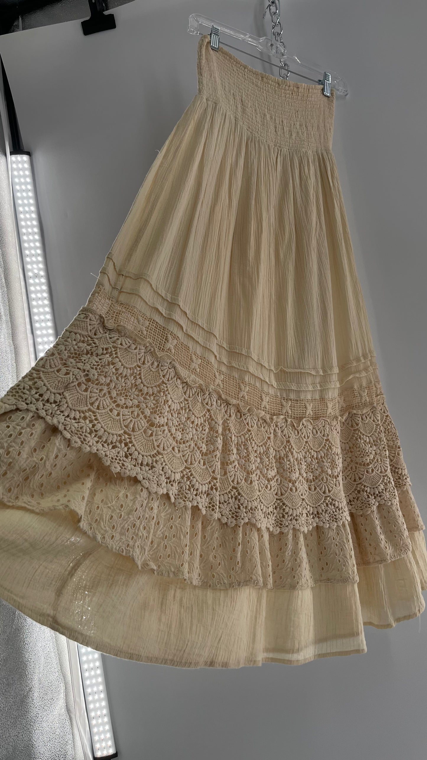 Free People Beige Gauze/Cotton Full Length Skirt Lined with Lace (XS)