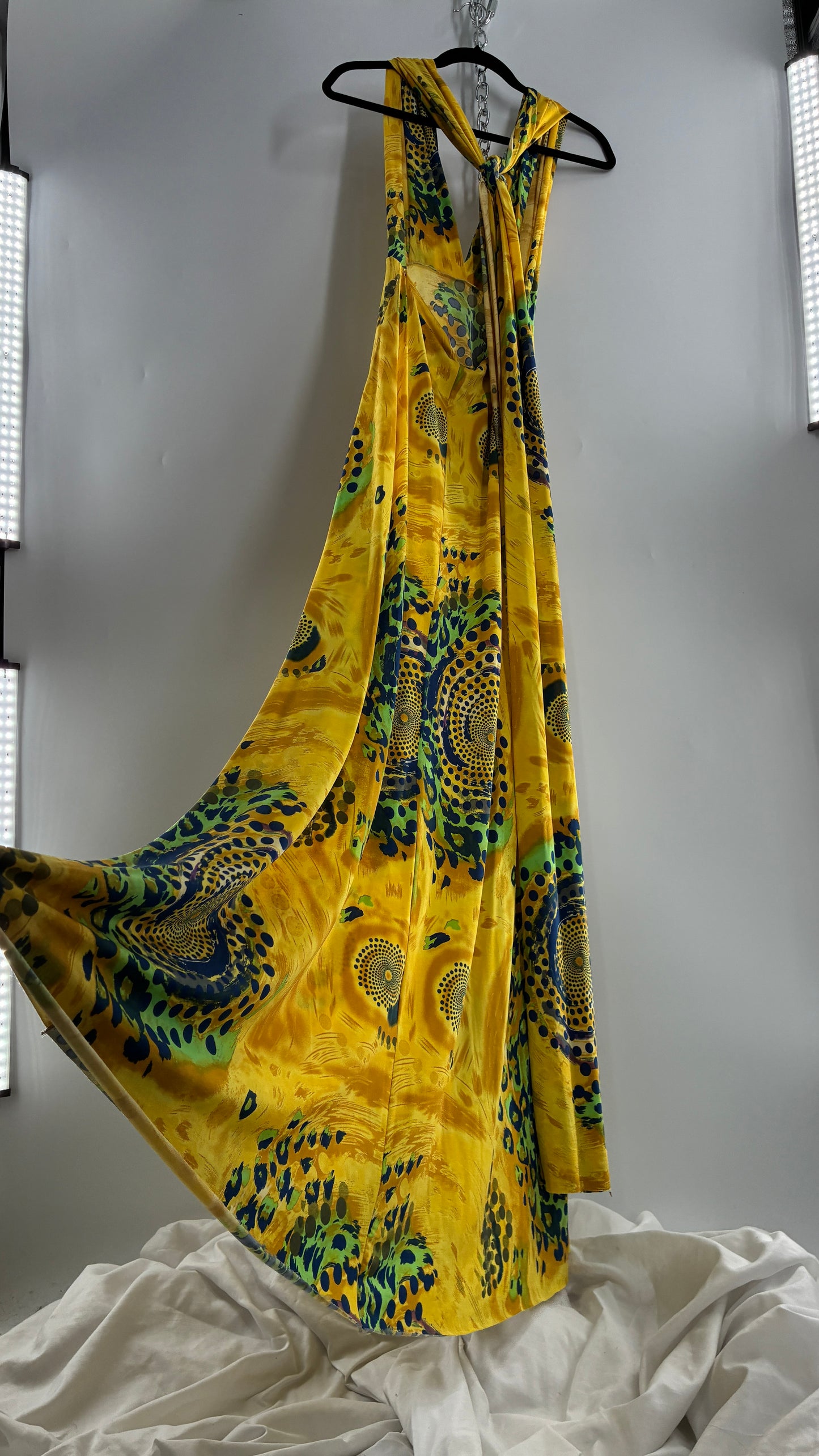 Vintage NARCISA LANG Lycra Full Length, Backless Yellow Dress with Graphic Pattern (XS/S)