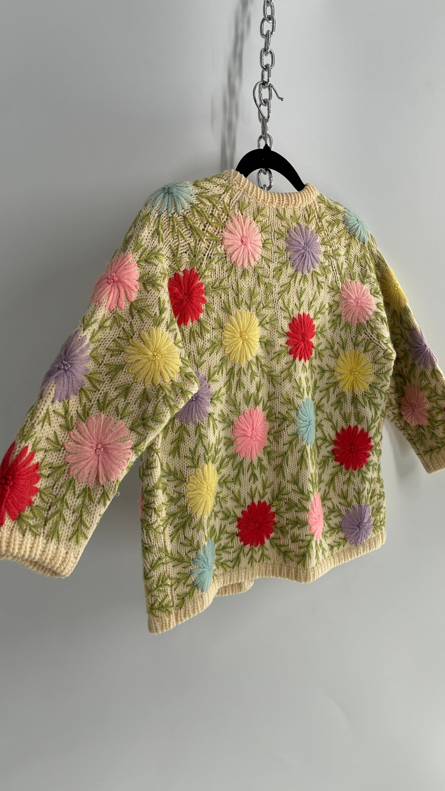 Vintage Hand Knit Beige Cardigan with Colorful Flowers (Small)