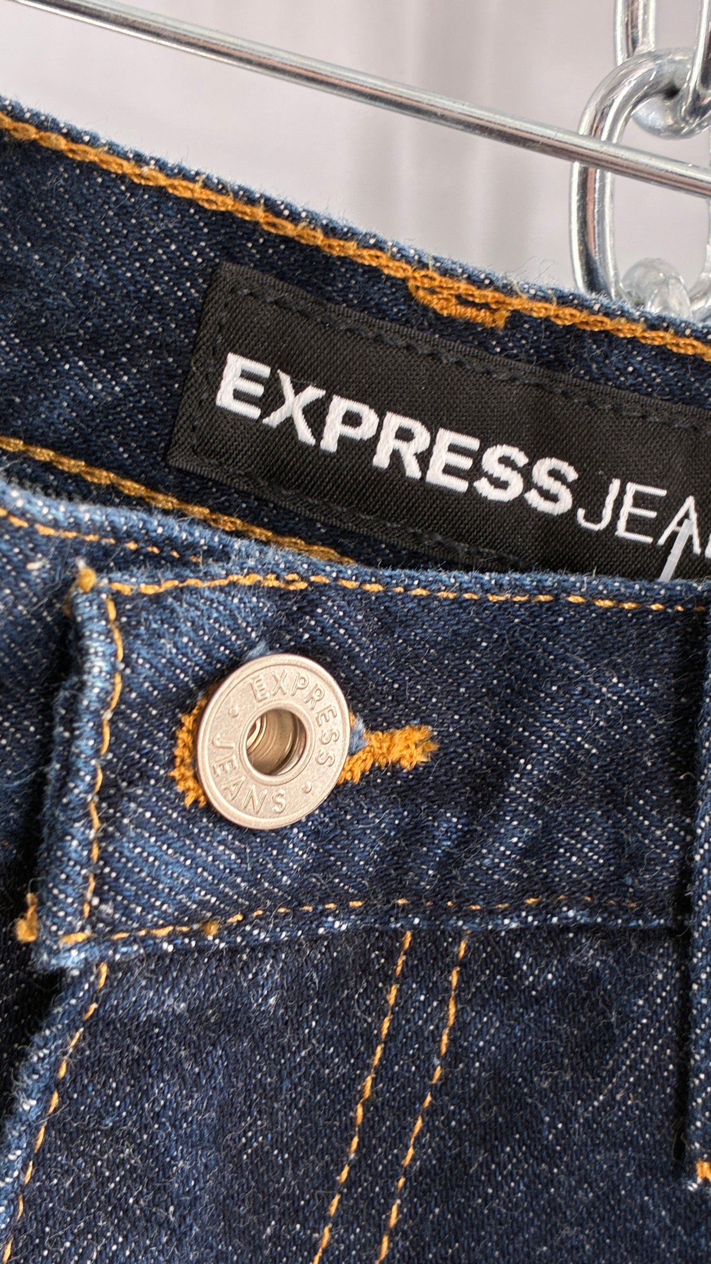 Vintage EXPRESS JEANS Dark Wash with Iridescent, Embellished, Textured Design Running Down Pant Leg (3/4)