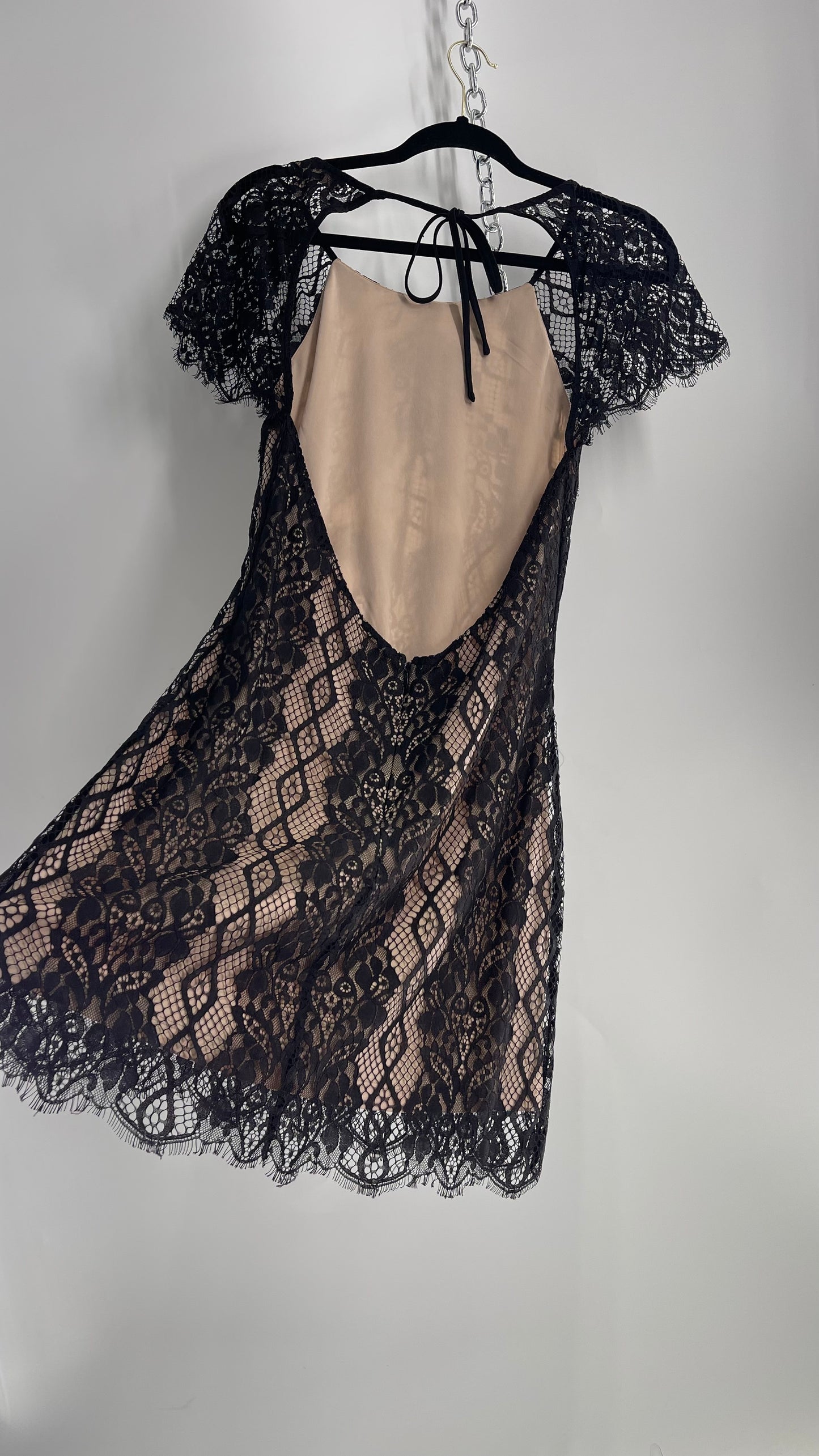 Backless Black and Nude Lace Mini Dress (S)