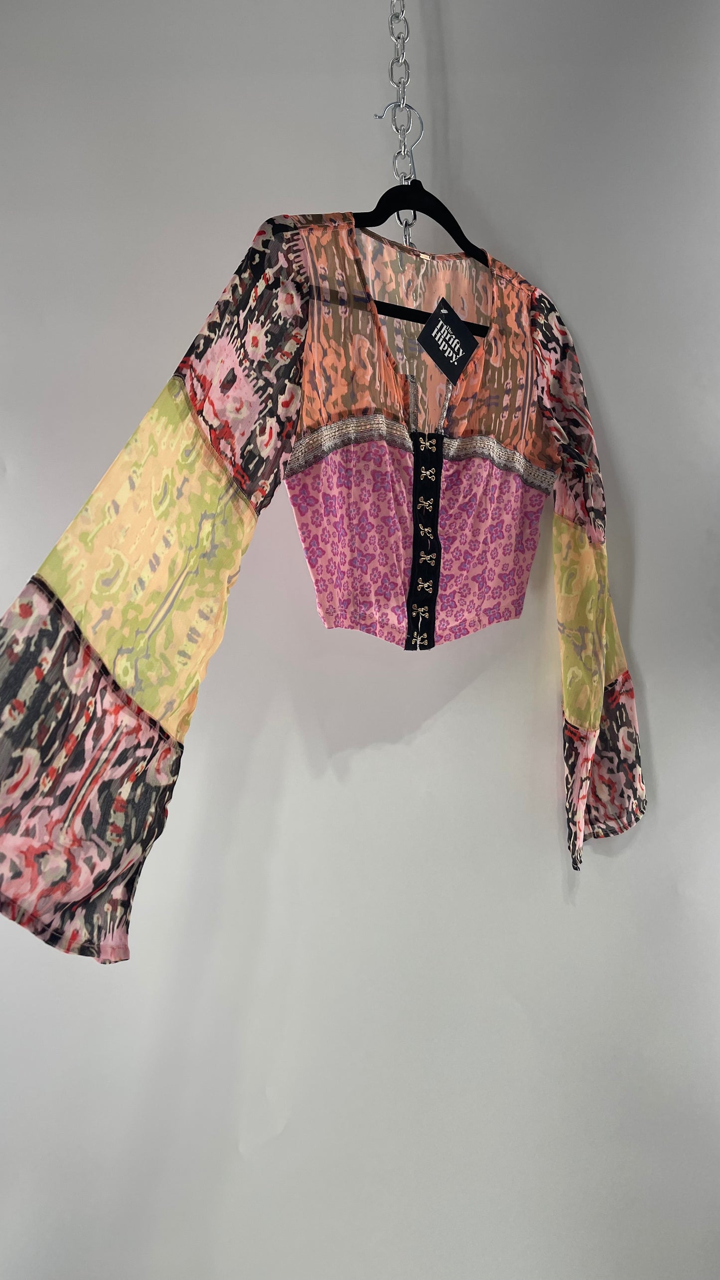 Free People Walk that Walk Mixed Pattern Sheer Bell Sleeve Colorful Crop (XS)