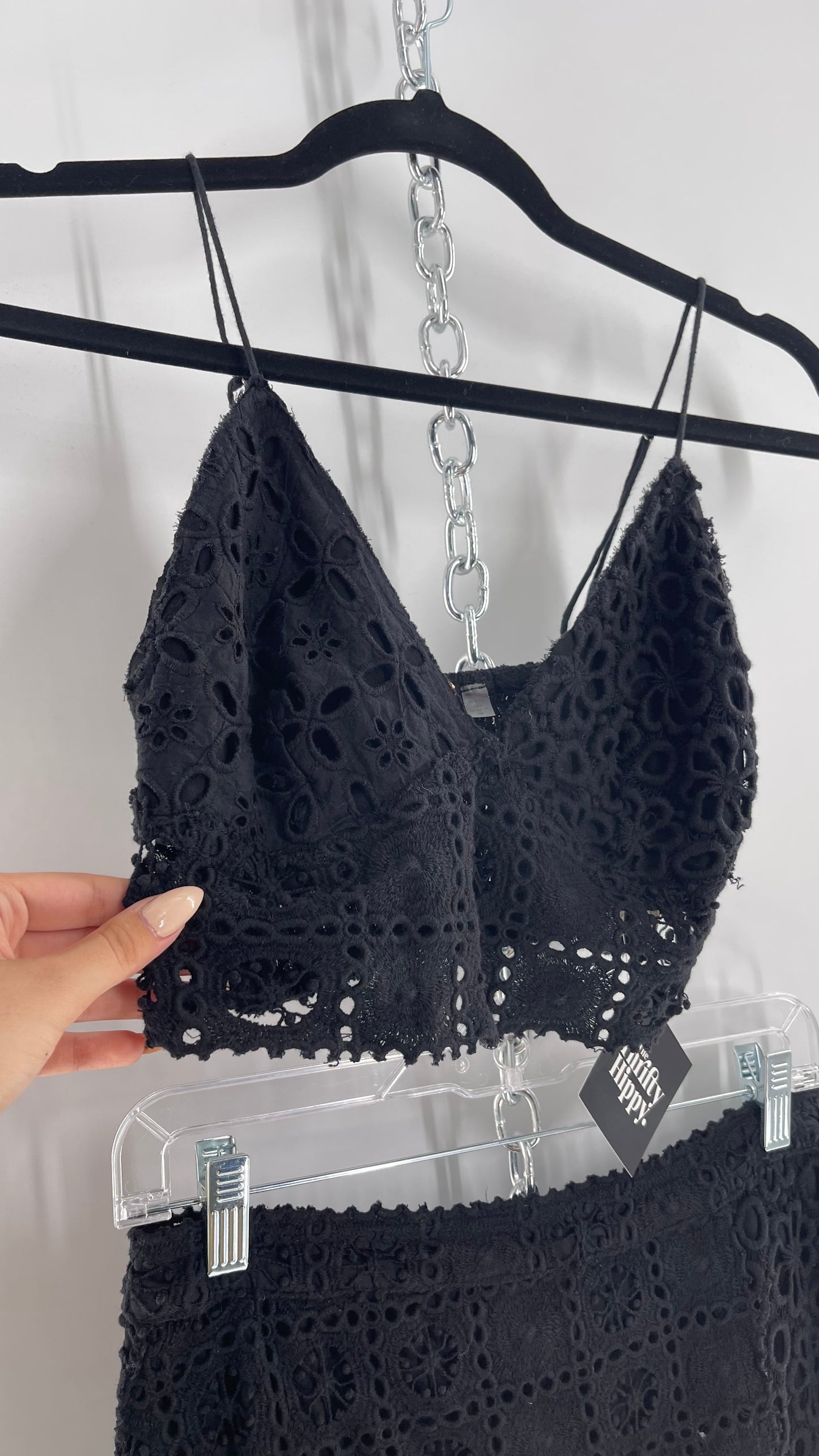 Free People Black Eyelet Lace Mini Skirt and Bustier Set (6)