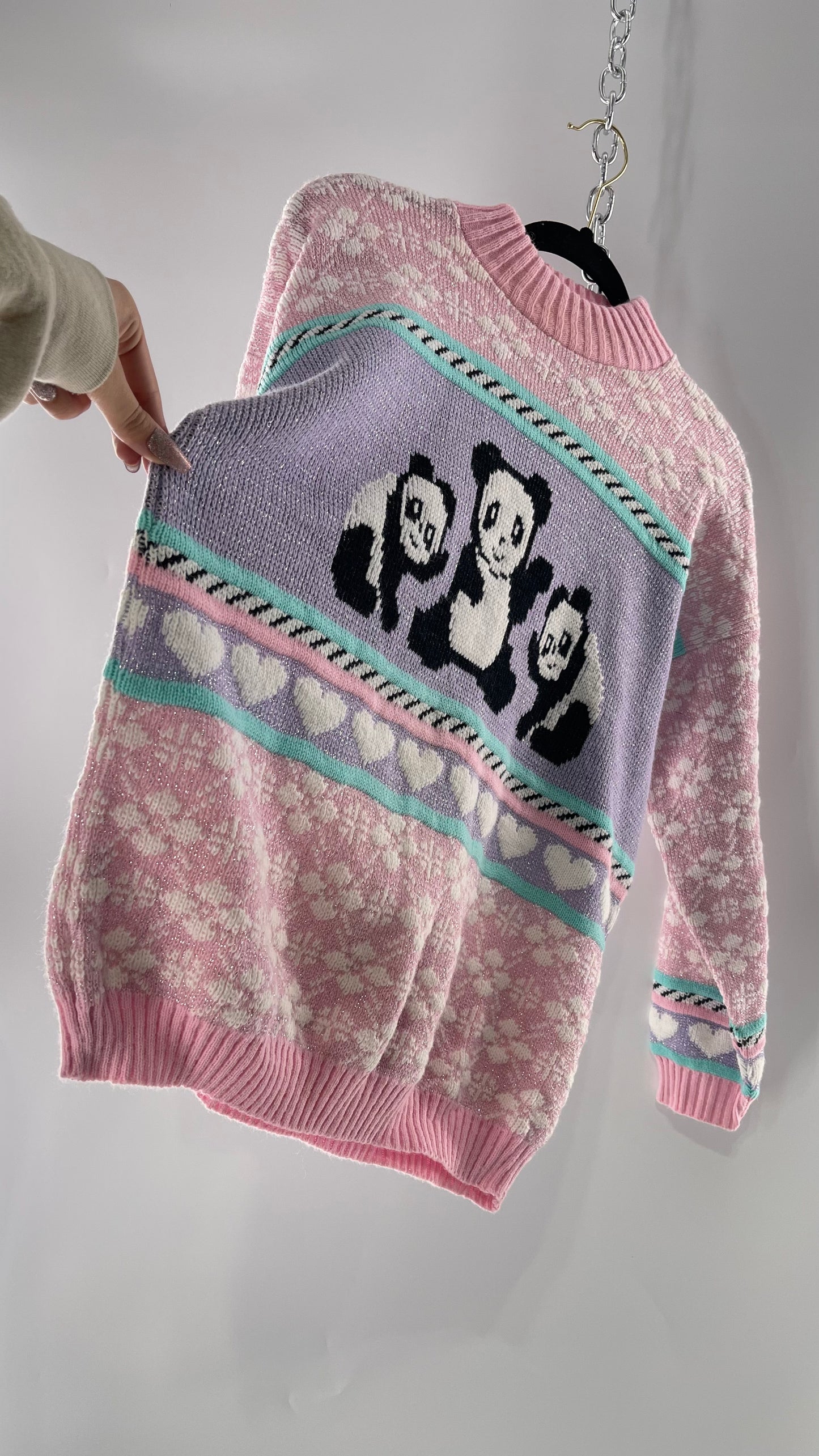 RARE 80s Vintage Adele Pastel Pink, Purple, Mint Silver Tinsel Sweater with Anime/Manga Art Style Pandas (Medium)