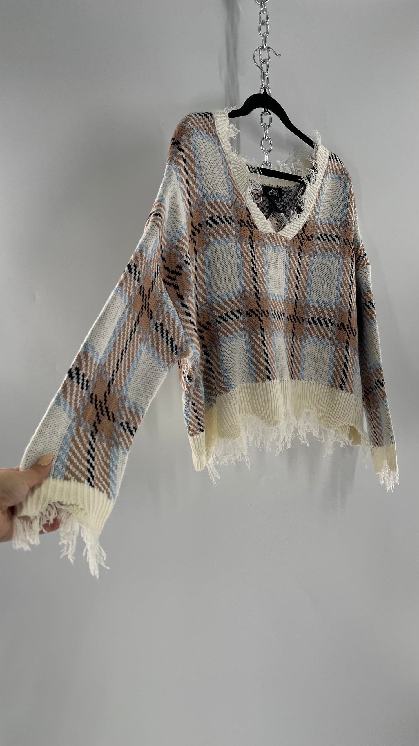 Fashion Nova Plaid Powder Blue/Tan Distressed Sweater