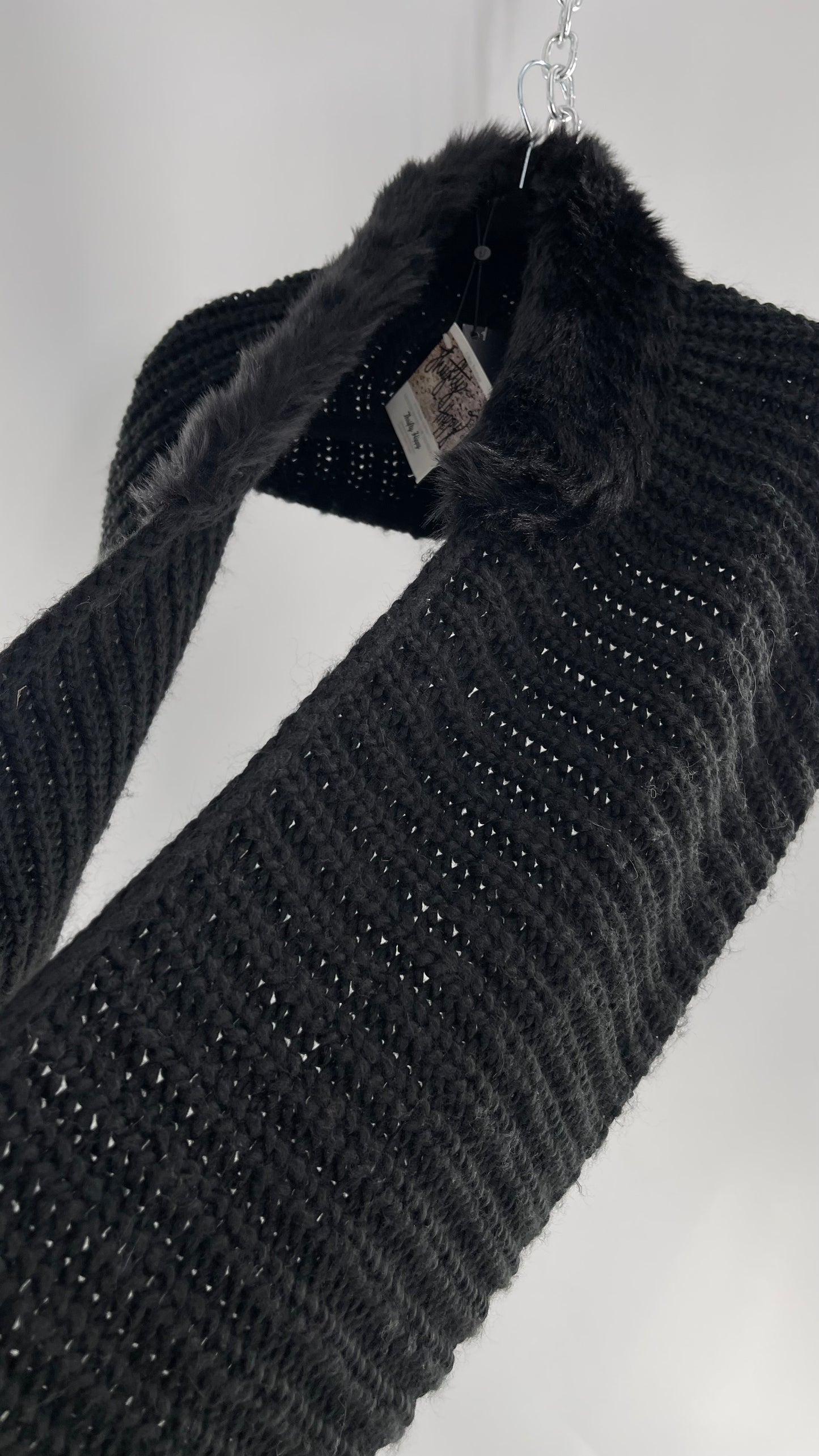 Comma Black Knit Infinity Scarf with Fur Trim Collar and Tags Attached