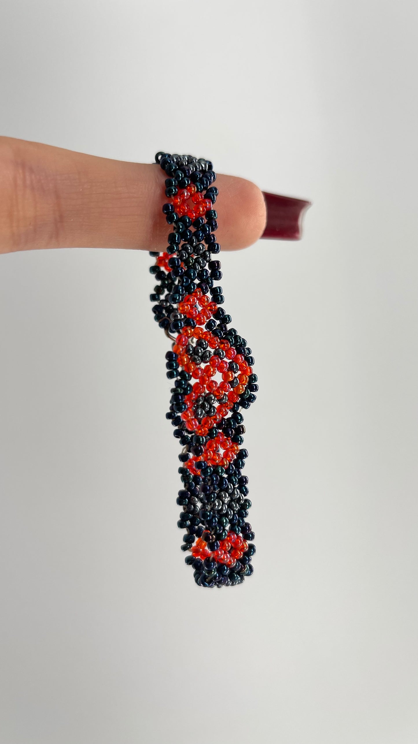 Vintage 70s Handmade Navy Beaded Bracelet with Red Heart and Flowers