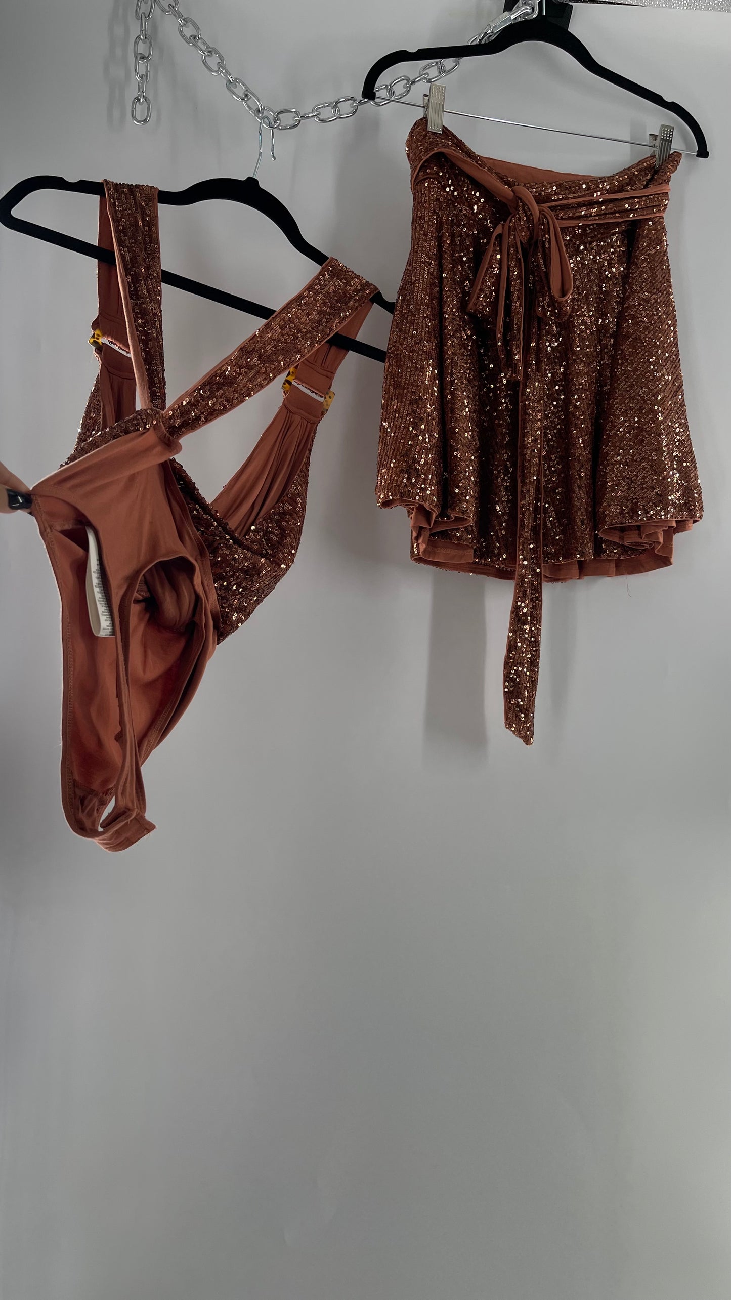 Free People Bronze Sequin 2Piece Set with Wrap Around Skirt and Bodysuit (XS body, S Skirt)
