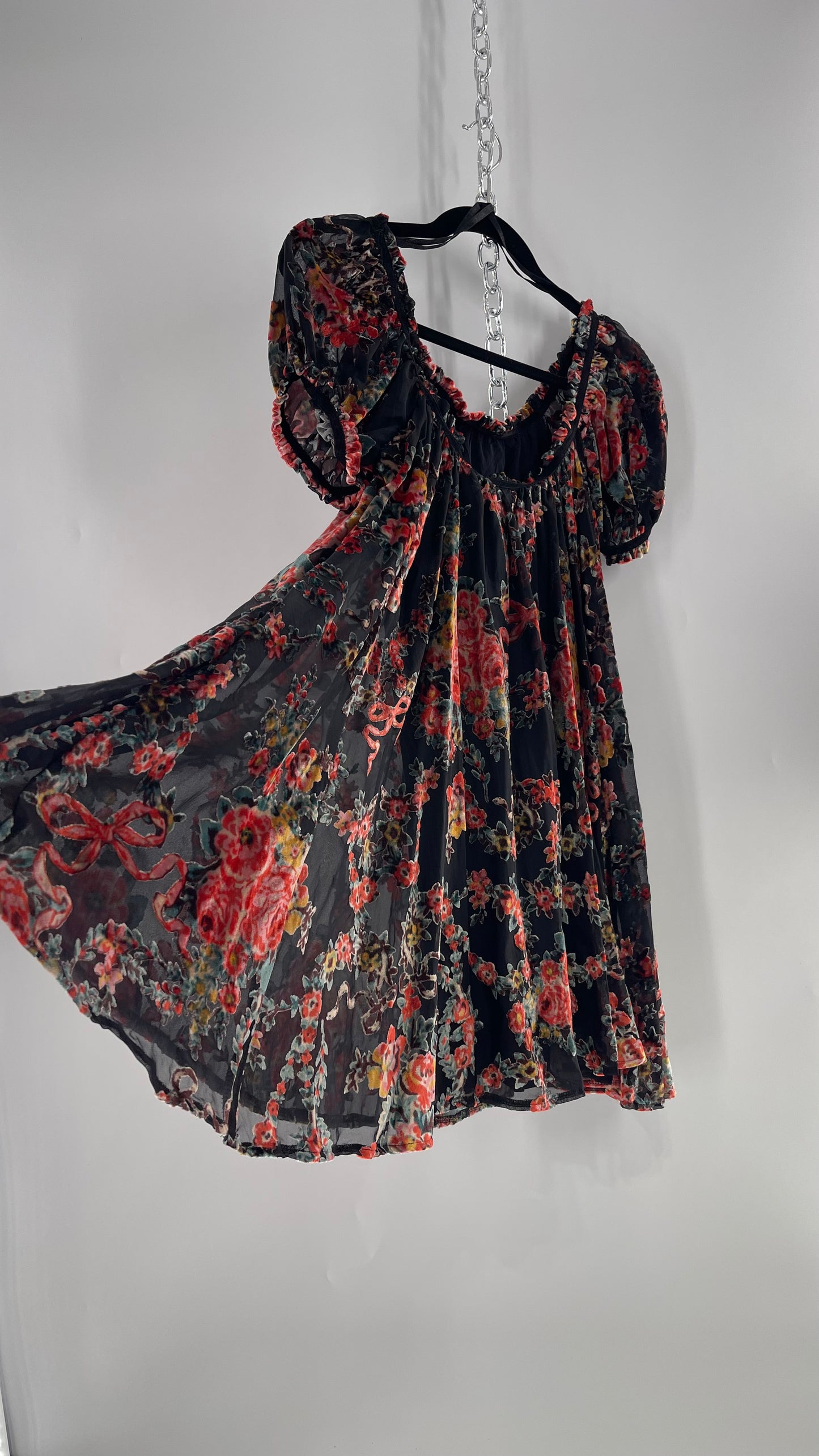 Free People Beautiful Blooms Velvet Florals Babydoll Dress (Small)