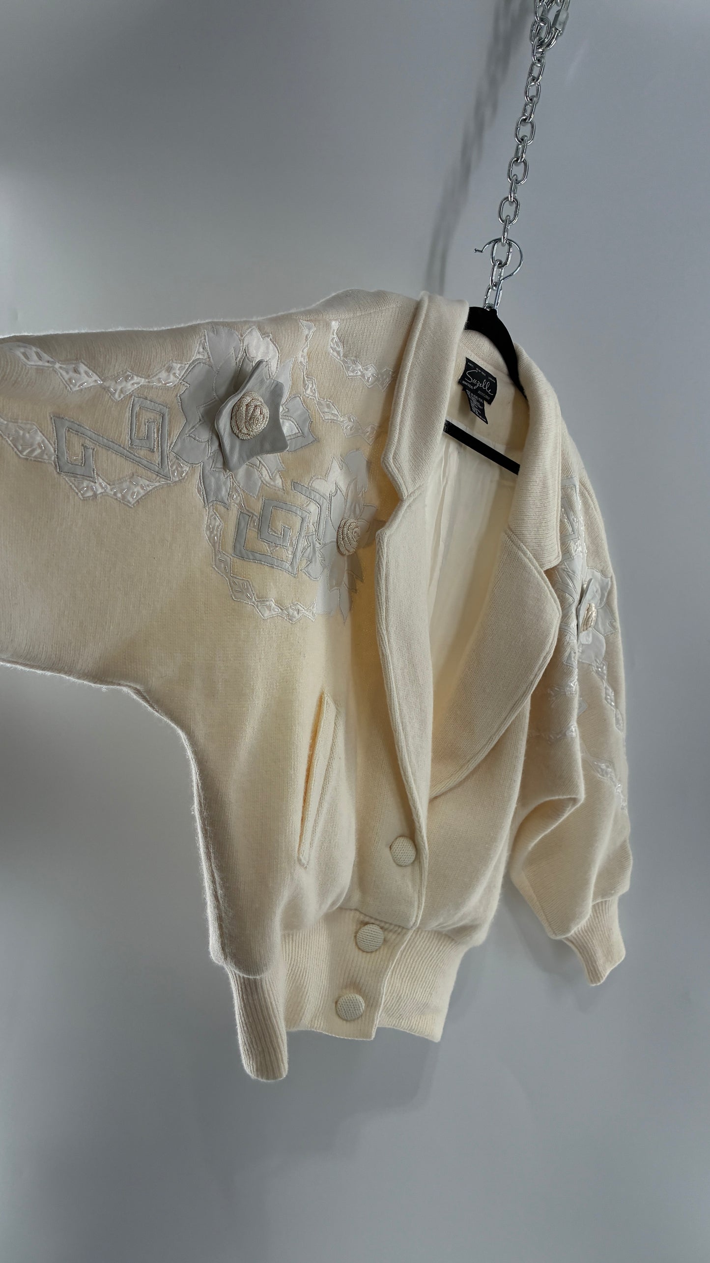 Vintage SUZELLE 70% Lambswool, 20% Angora Rabbit Off White Woven Bomber Jacket with Leather Flower Appliqués (Medium)