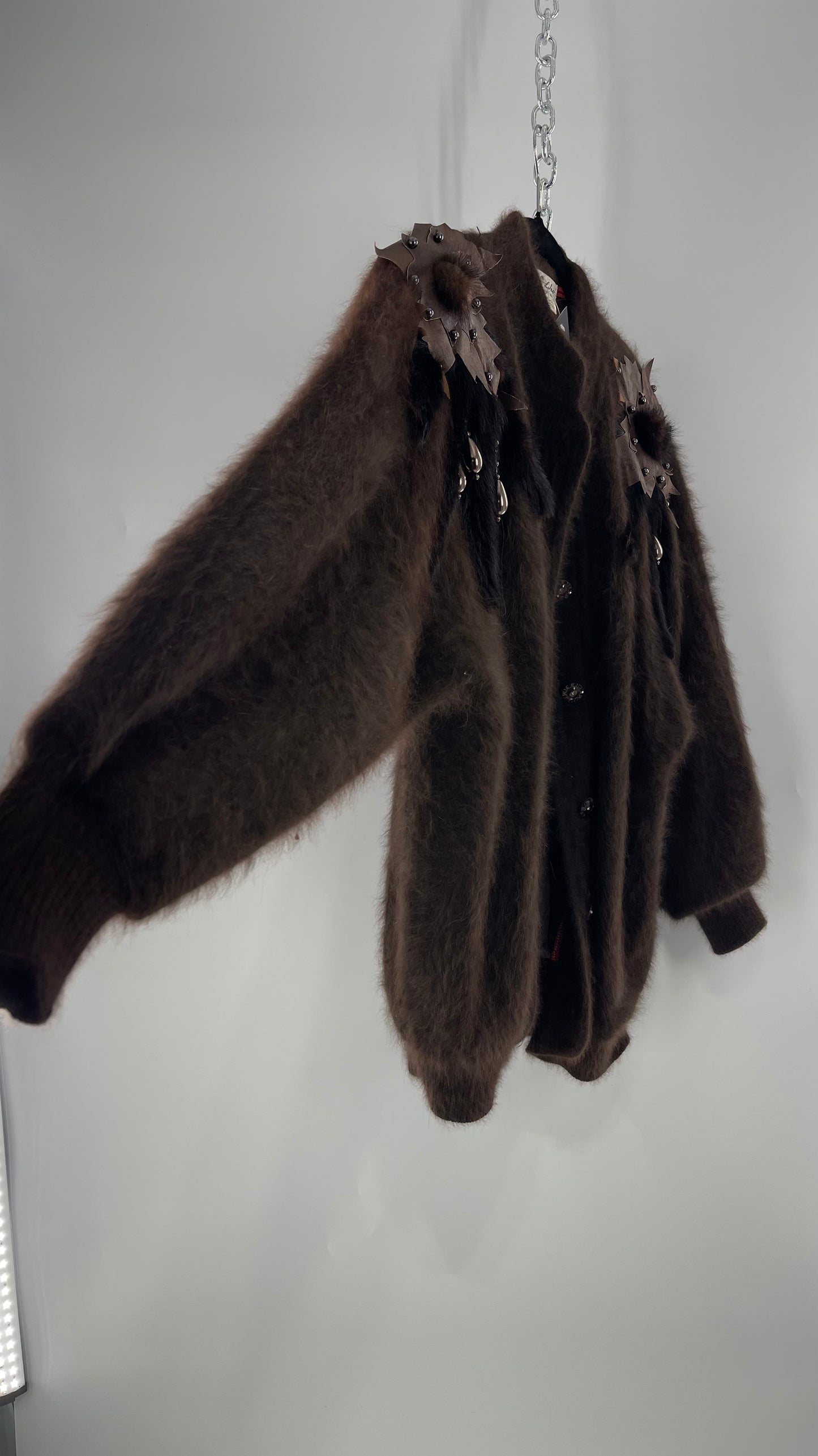 Liho Korean Vintage Brown Cardigan with Leather, Fur and Beaded Detailing 15% Wool 75% Angora  (C)(Medium)