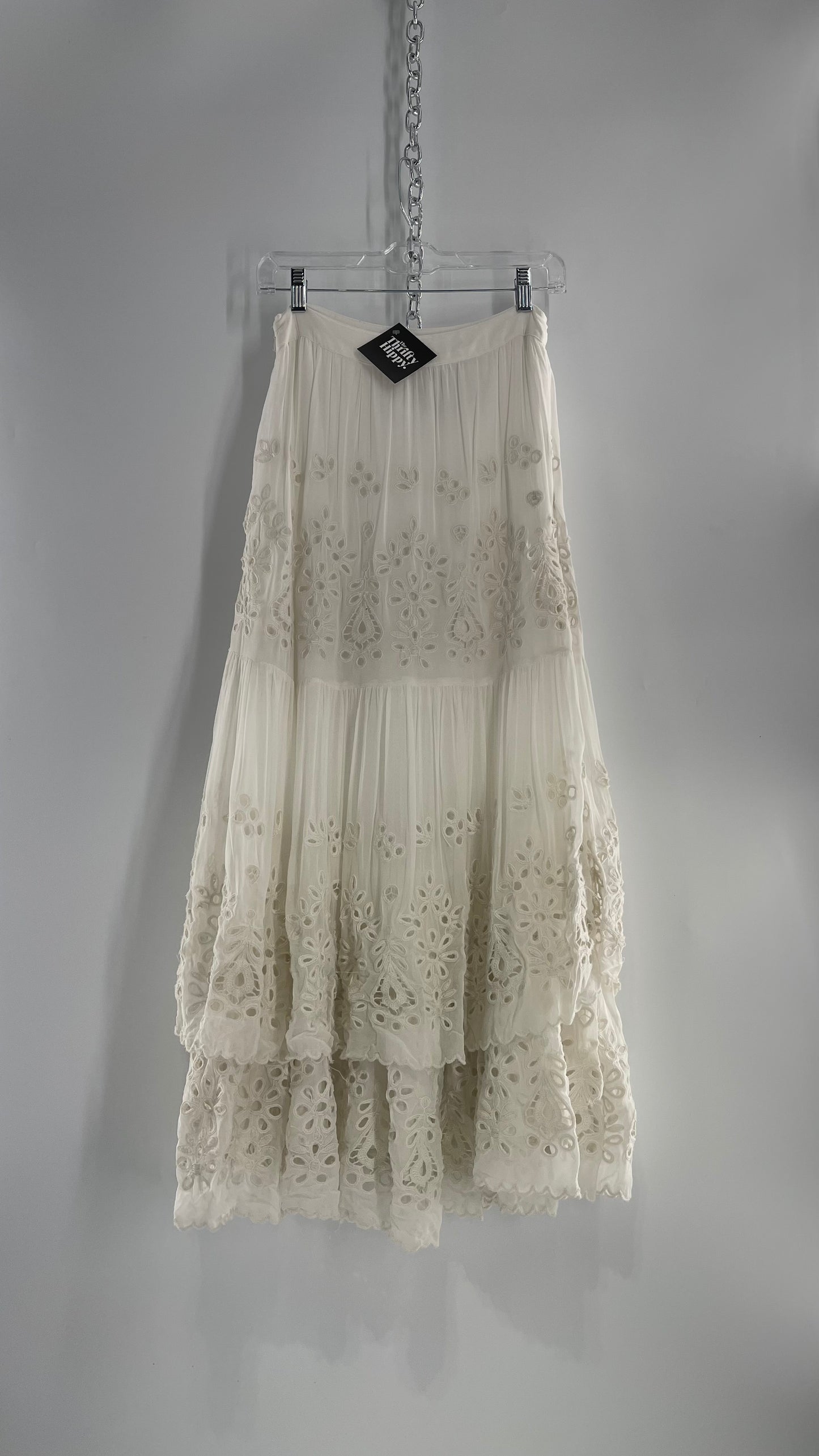 Free People White Embroidered Eyelet/Lace Voluminous Tiered Ruffle Full Length Skirt (4)
