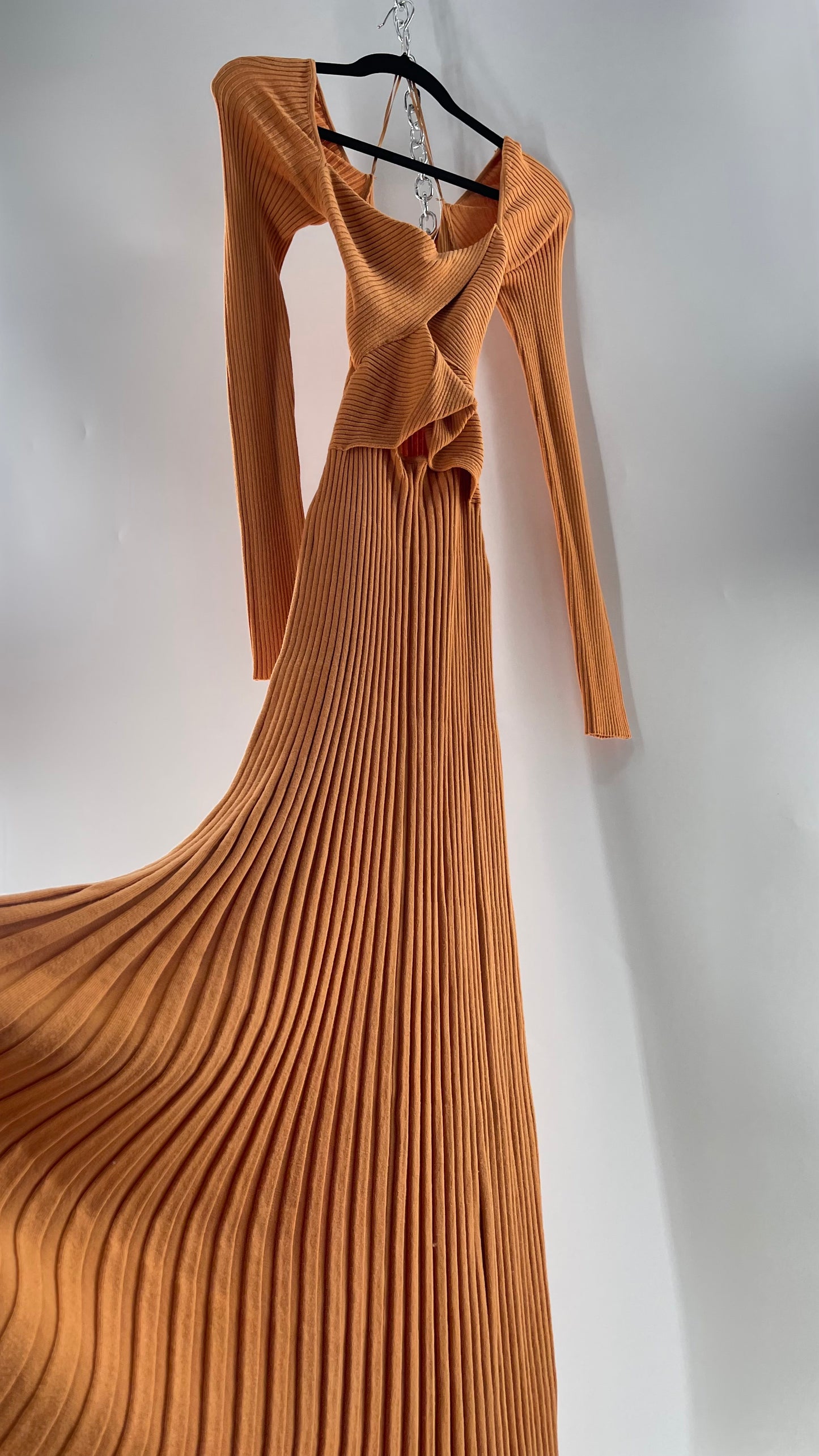 Free People Orange Ribbed Knit Maxi Dress with Cross Over Exposed Midriff Dress (Medium)