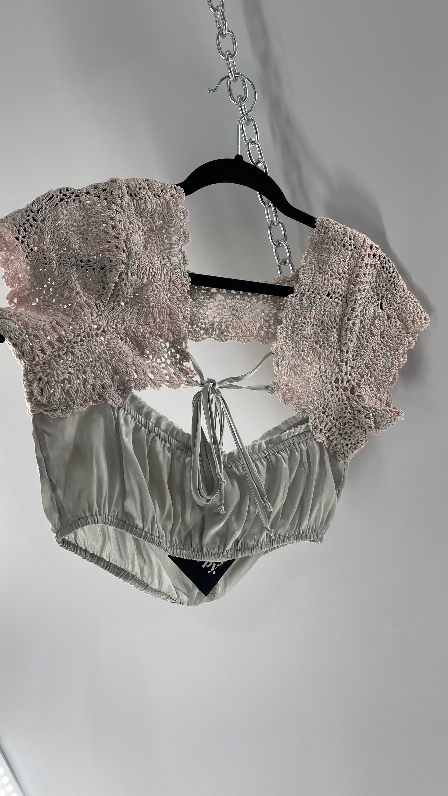 Intimately Free People Silver Satin Cropped Bustier with Crochet Shrug High Neckline (Large)