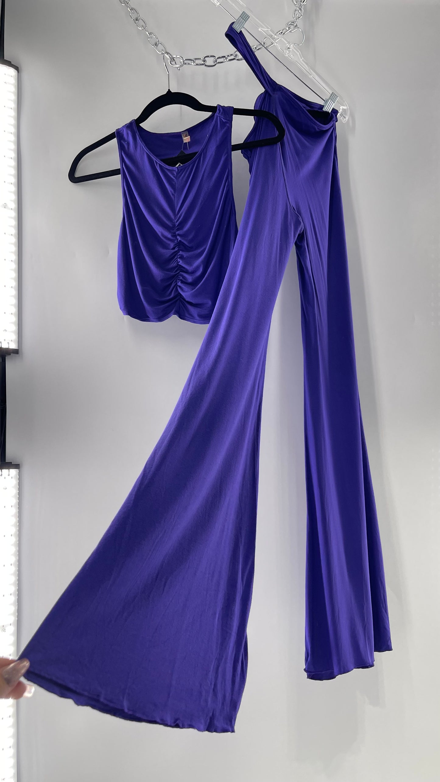 Free People 2 Piece Cobalt Purple Ruched Tank+ Cut Out Hip Strap Detail Flared Bottoms Set (Small)