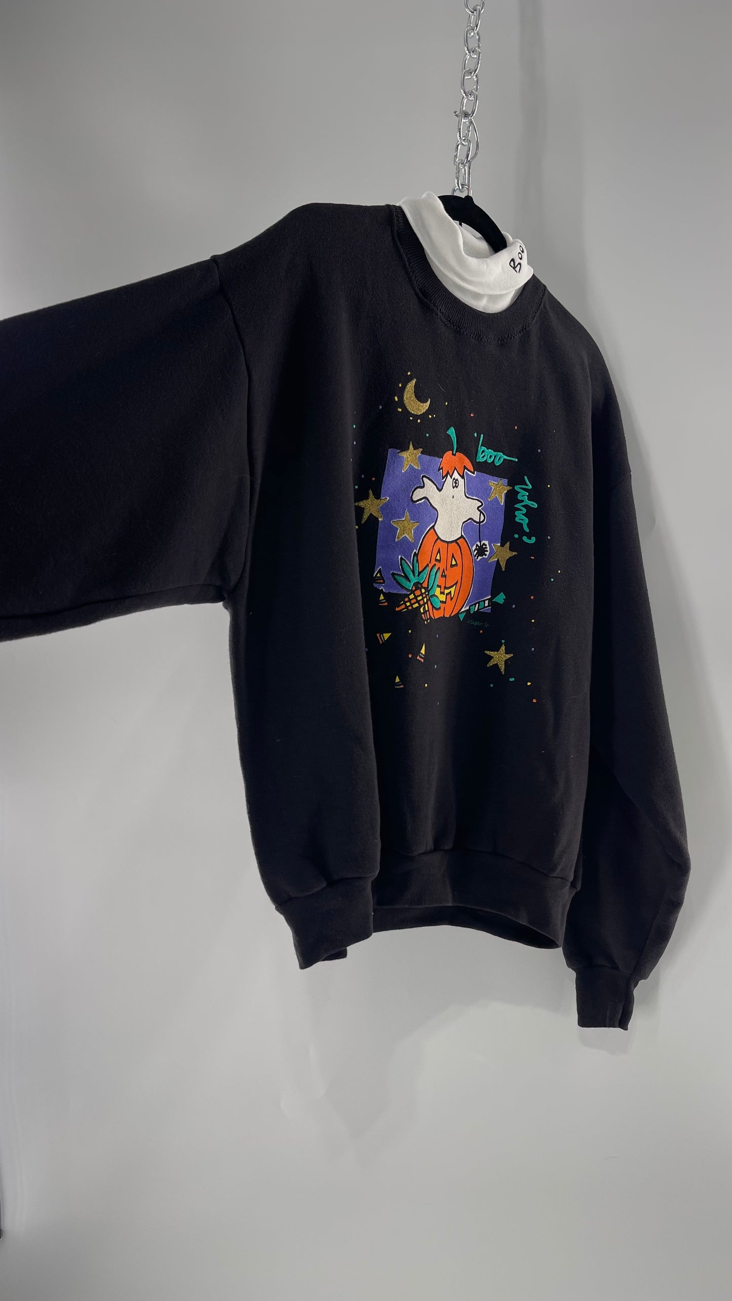 Vintage Black Halloween Graphic Crewneck with White Turtleneck Detail and Boo Embroidery (Large)