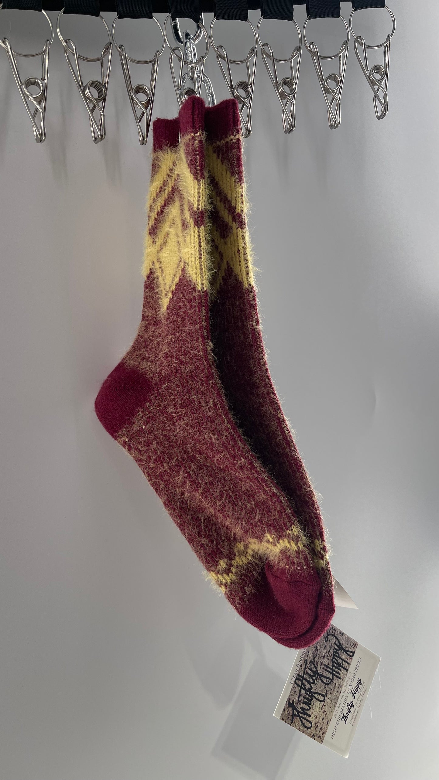 Free People Maroon/Burgundy Fuzzy Cozy Socks with Yellow Argyle Pattern