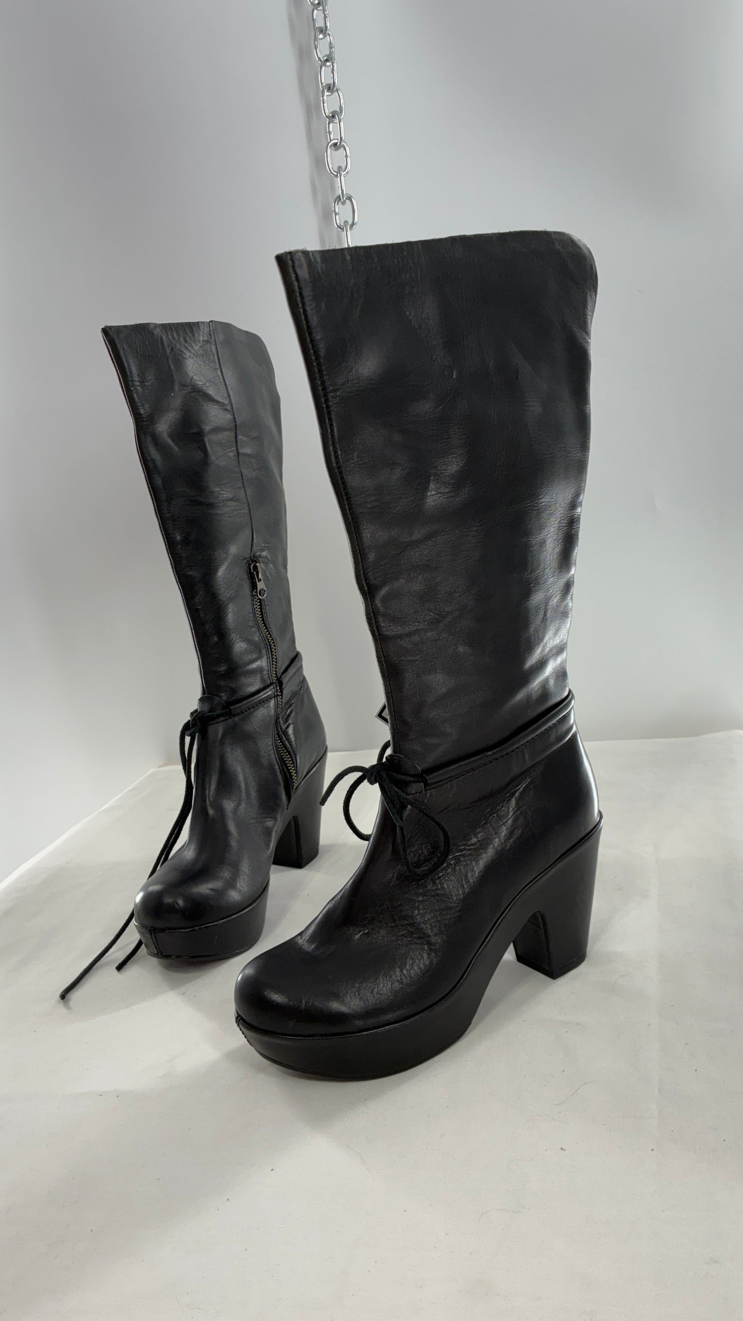 Vintage KORK EASE Black Genuine Leather Platform Clog, Knee High Boots (8/39)