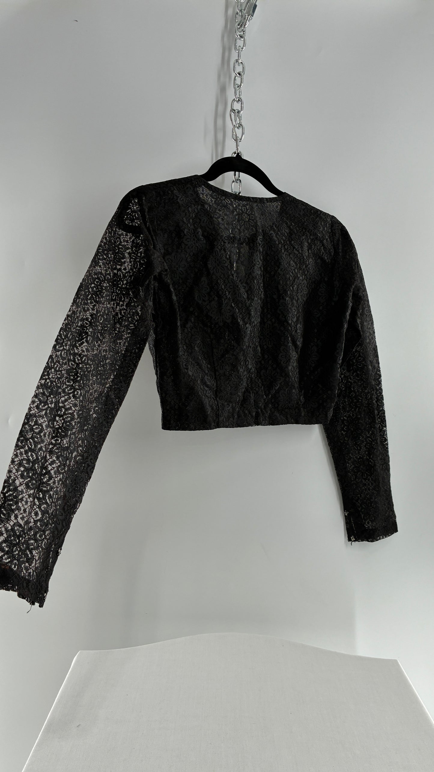 Vintage 1950s Ladies Own Black Lace Cropped Long Sleeve with Bust Stitching (Small)