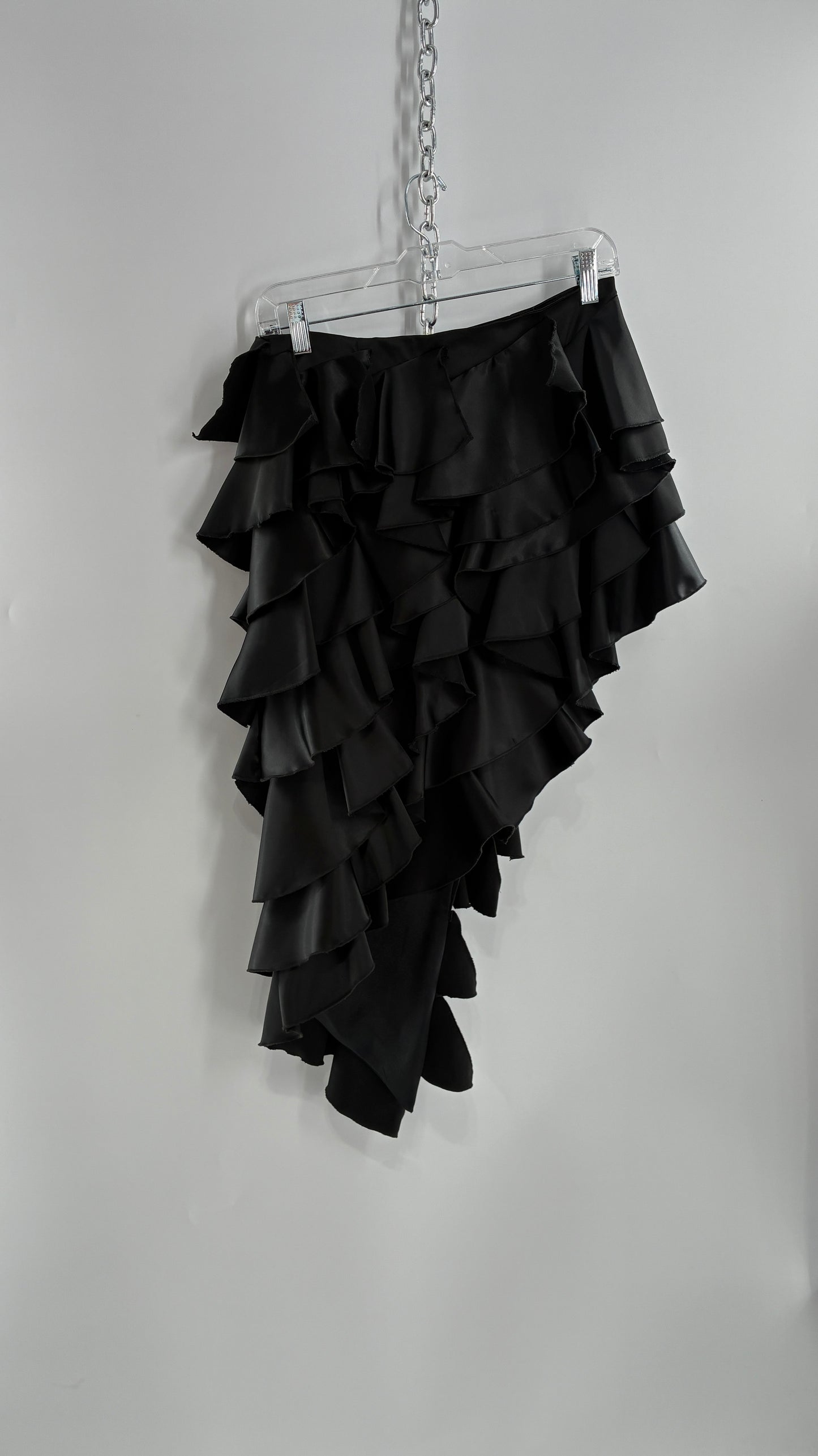 Deadstock Rare 1990s Vintage FRILLY LILLY Black Ruffled Asymmetric Skirt (8)