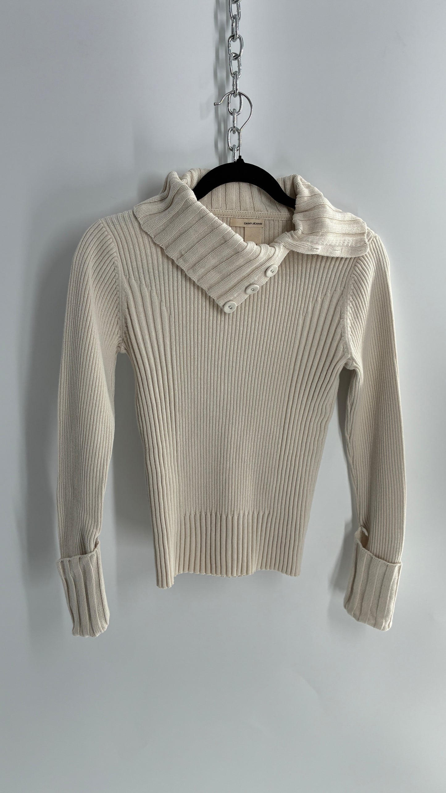 Vintage 1990s DKNY Off White Thick Ribbed Long Sleeve with Fold Over Wrists and Neckline (Medium)
