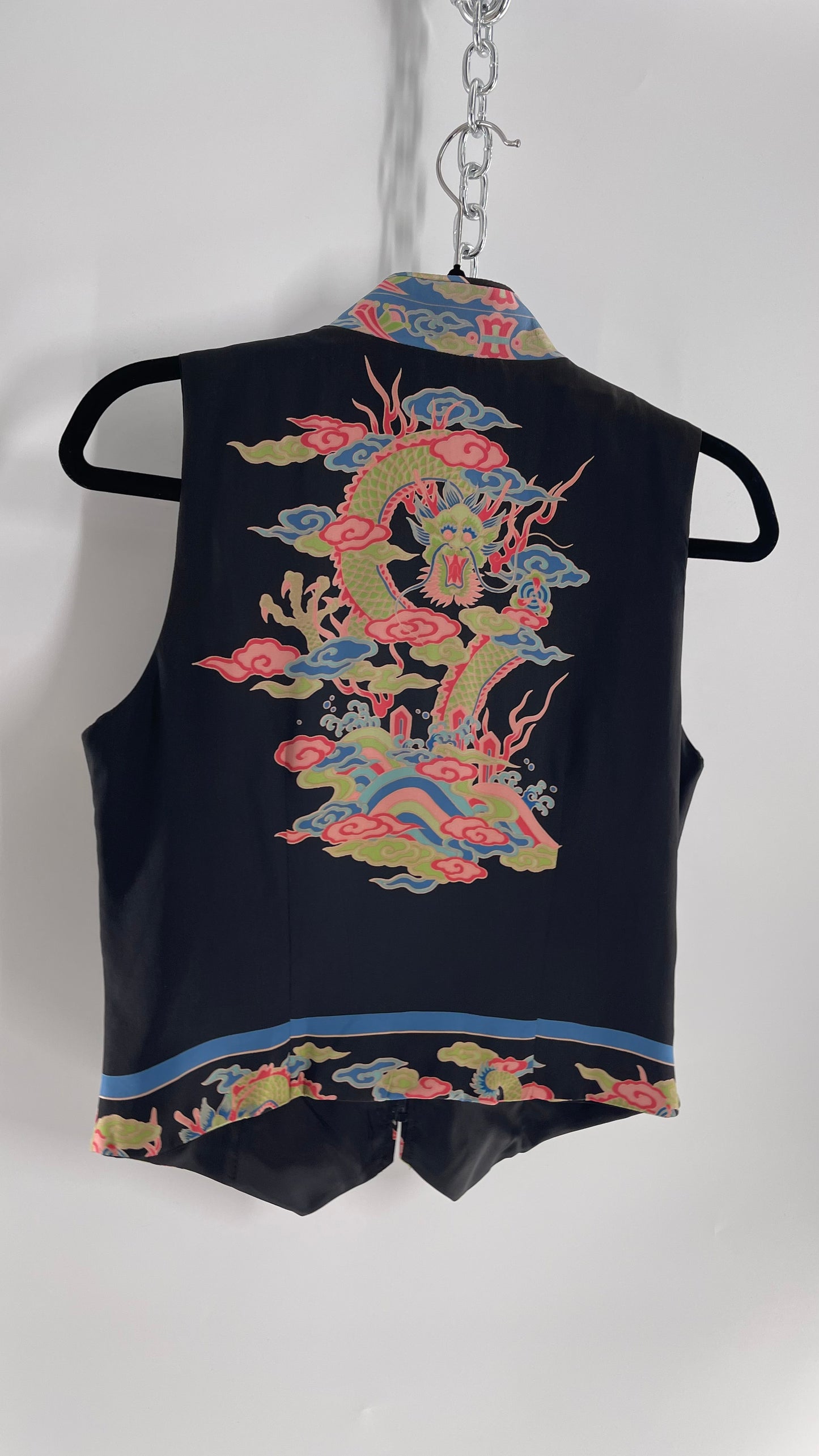 Vintage 1990s TAPP NEW YORK 100% Dragon Graphic Zip Front Crop Sleeveless Vest Top Silk (Medium)