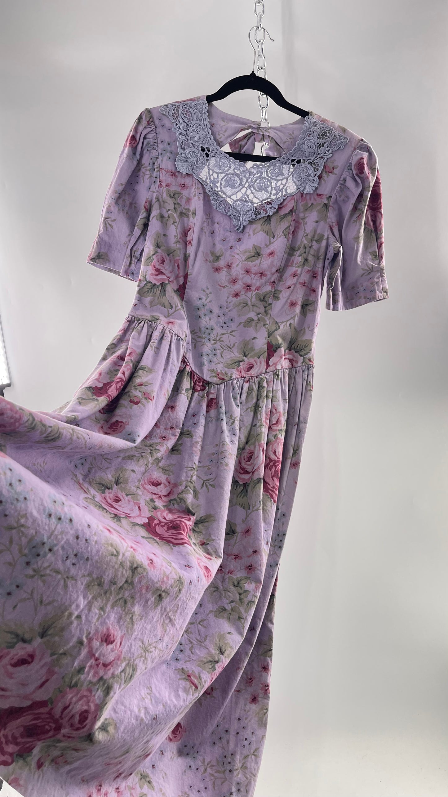 Vintage Urban Renewal Reworked and Upcycled Misty Lane Lilac/Lavender Floral Fit/Flare Dress with Sweetheart Neckline, Lace Detail and Bow Adorned Open Back (11/12)