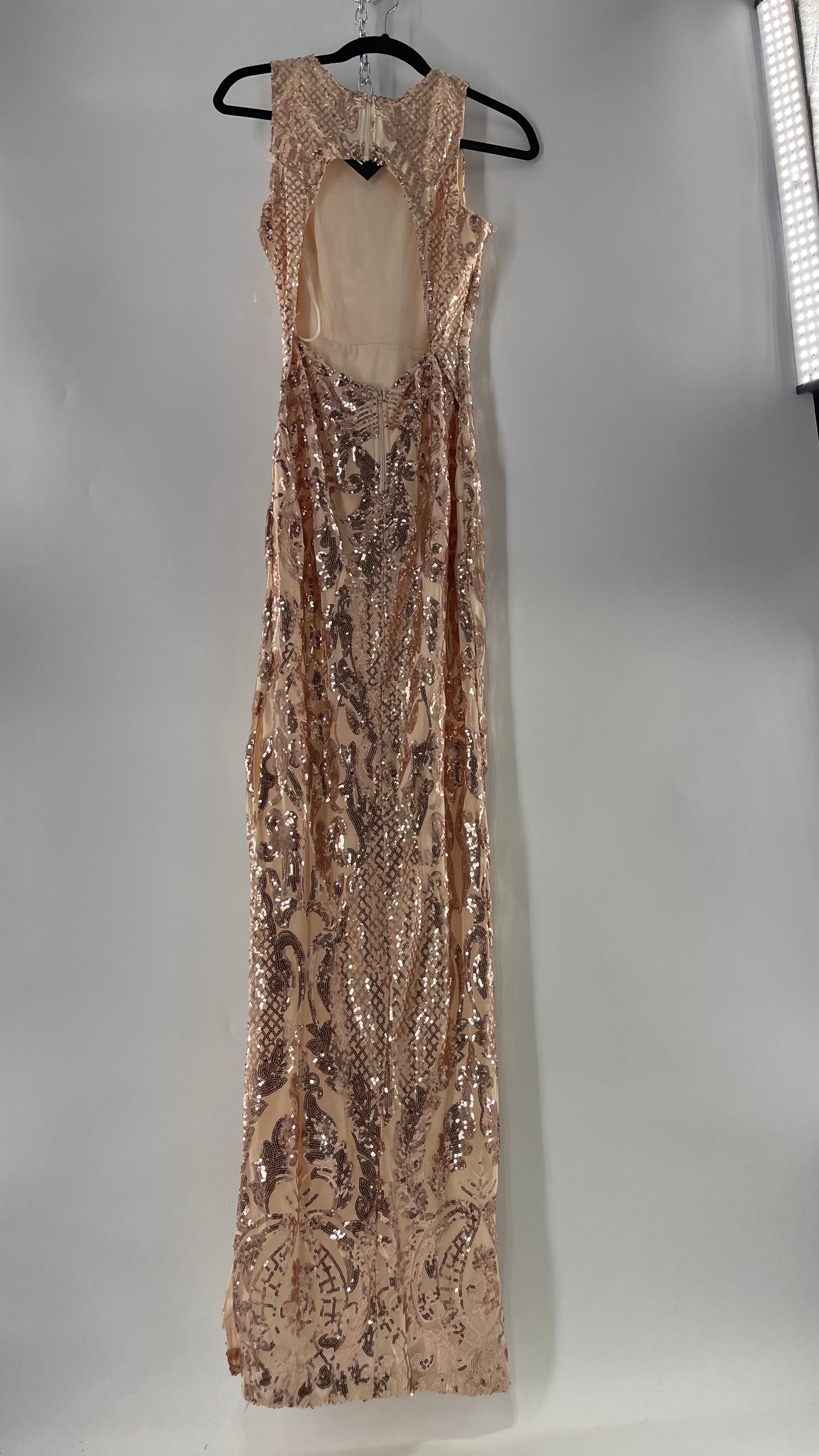 Windsor Rose Gold Sequin Maxi Dress with Side Slit Detail and Open Back (Small)