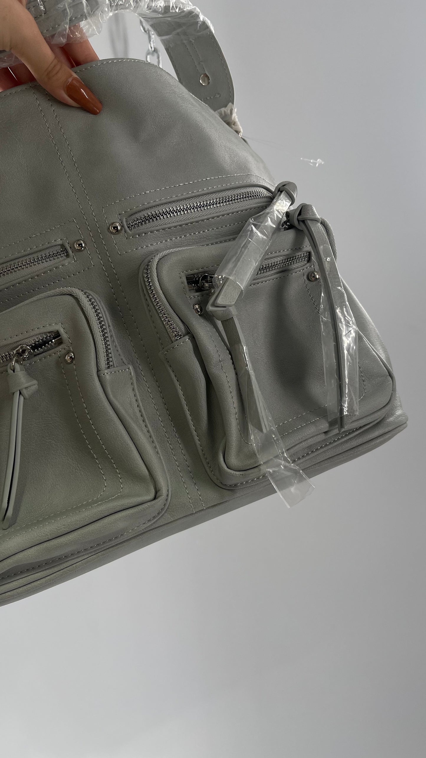Free People Grey Leather Bag with Heavy Silver Metal Detailing, Pockets and Extra Strap
