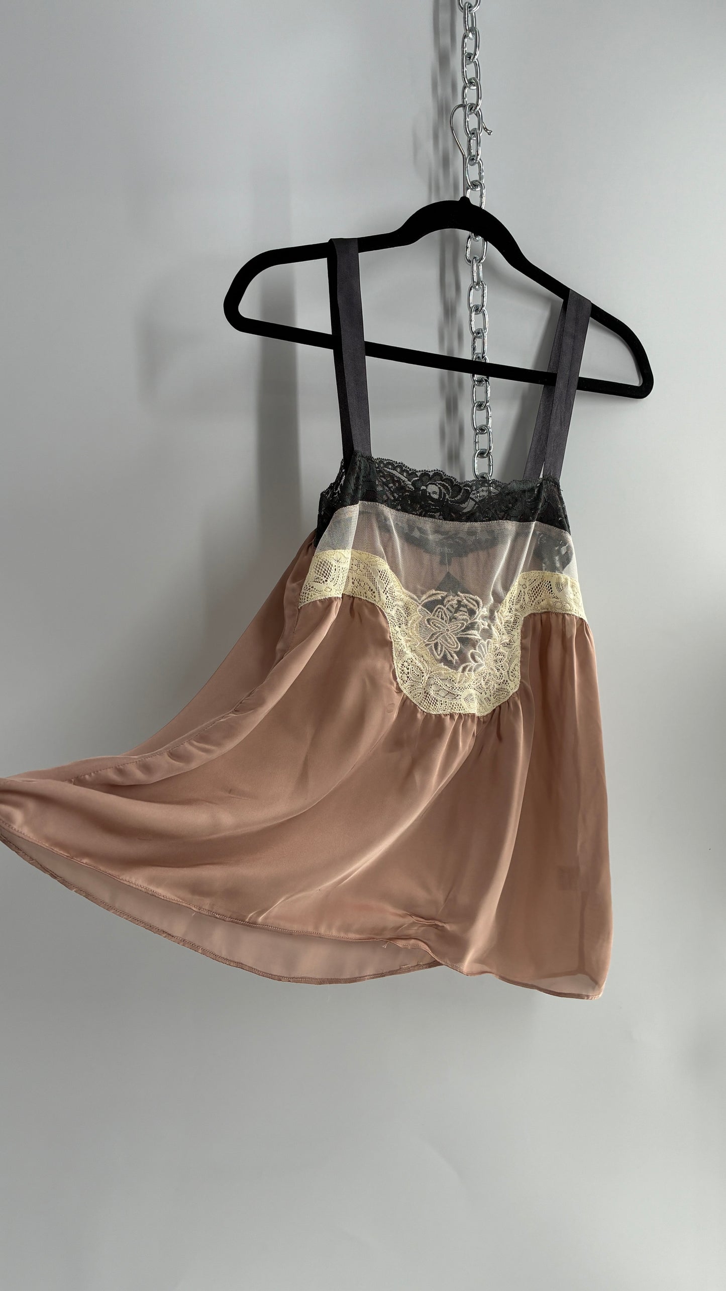 Vintage Milau Silky Camisole Top with Ribbon Straps and Sheer Mesh Paneling (Small)