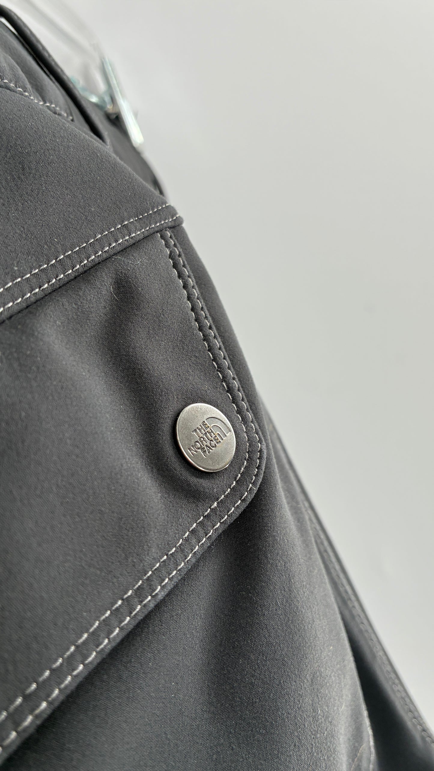 Vintage North Face Dark Gray, Low Rise, Kick Flare Pants with Contrast Stitching, Side Closure and Oversized Bum Pockets (Small)
