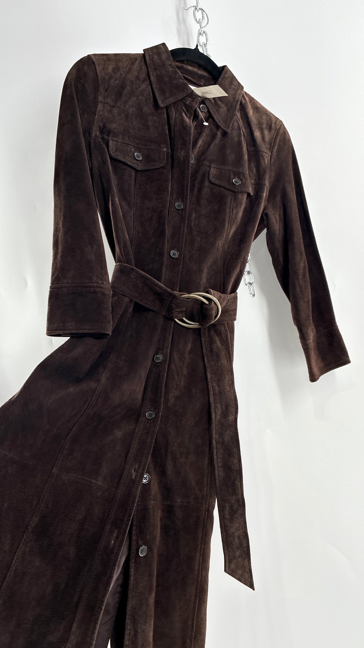 Vintage LOFT Brown Suede Leather Button Front, Belted Midi Dress with Tags Attached (4)