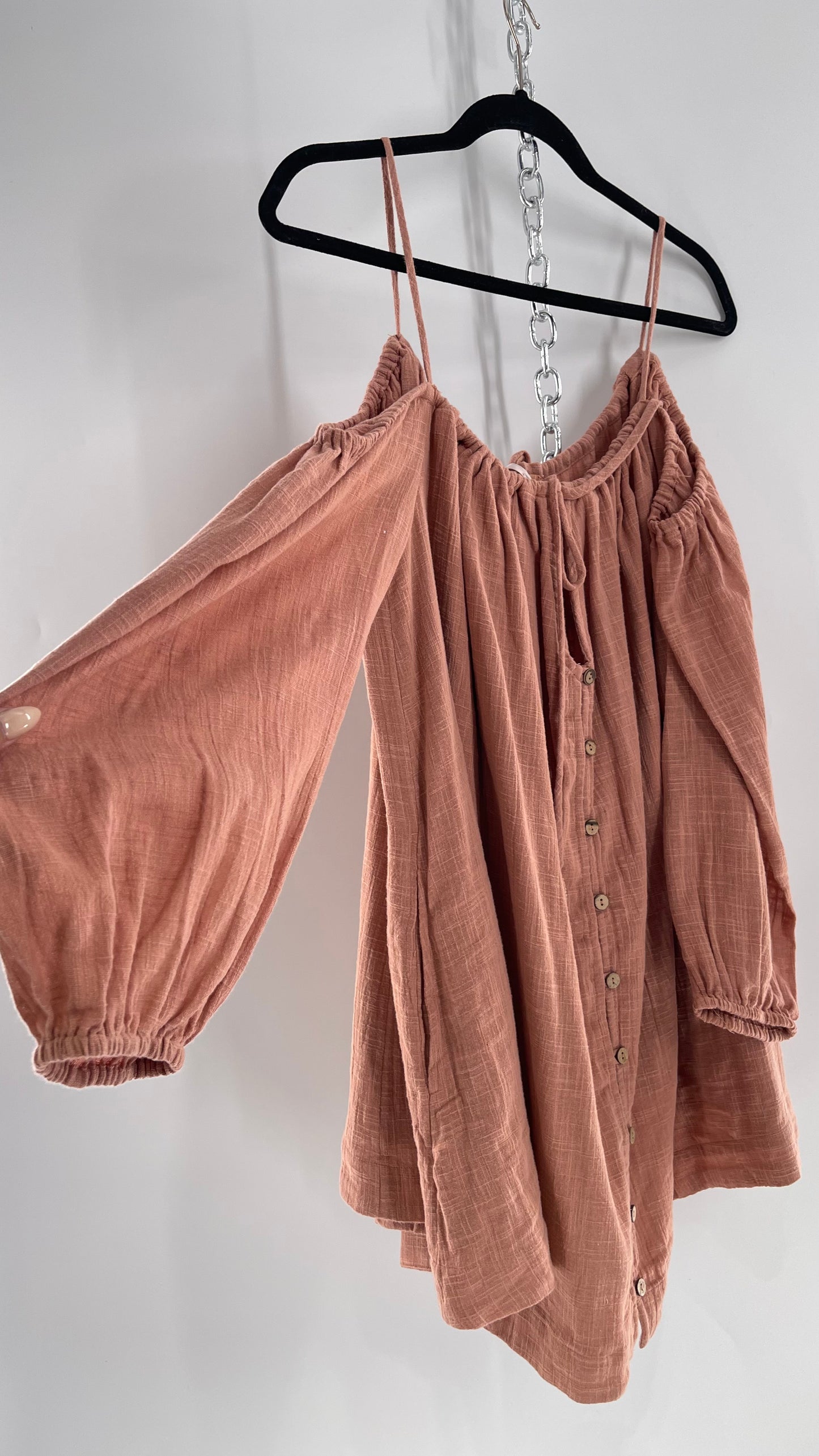 Free People Cotton Blush Pink Button Front Cold Shoulder Dress (Medium)