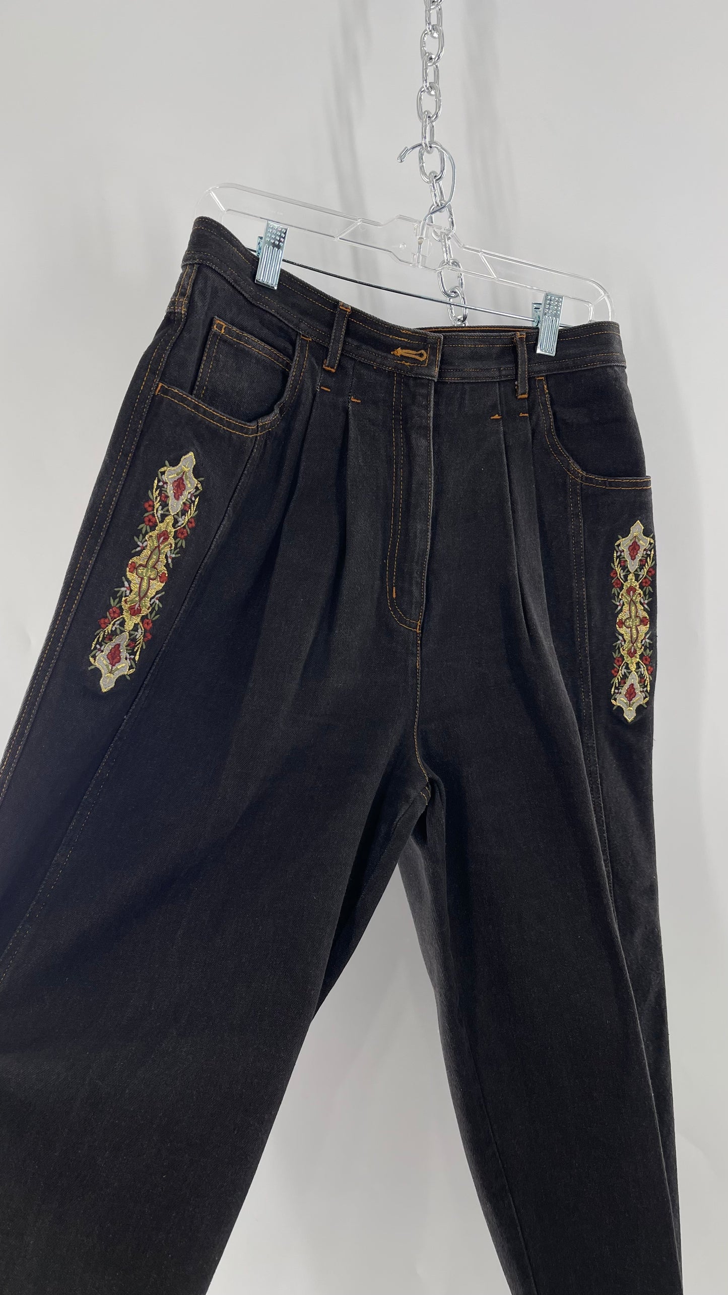 Vintage TOGETHER Basics Dark Gray 80s/90s Tapered, Pleated Waist Old School Embroidered Jeans (14)