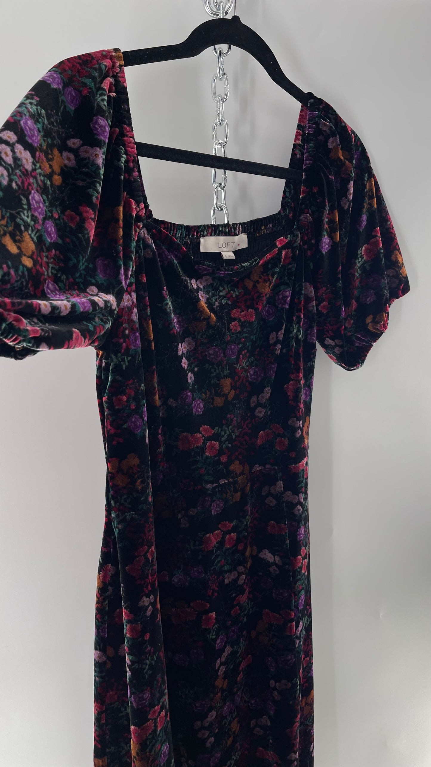 LOFT Velvet Dark Floral Full Length Dress with Puff Sleeves and Smocked Back with Tags Attached (8)