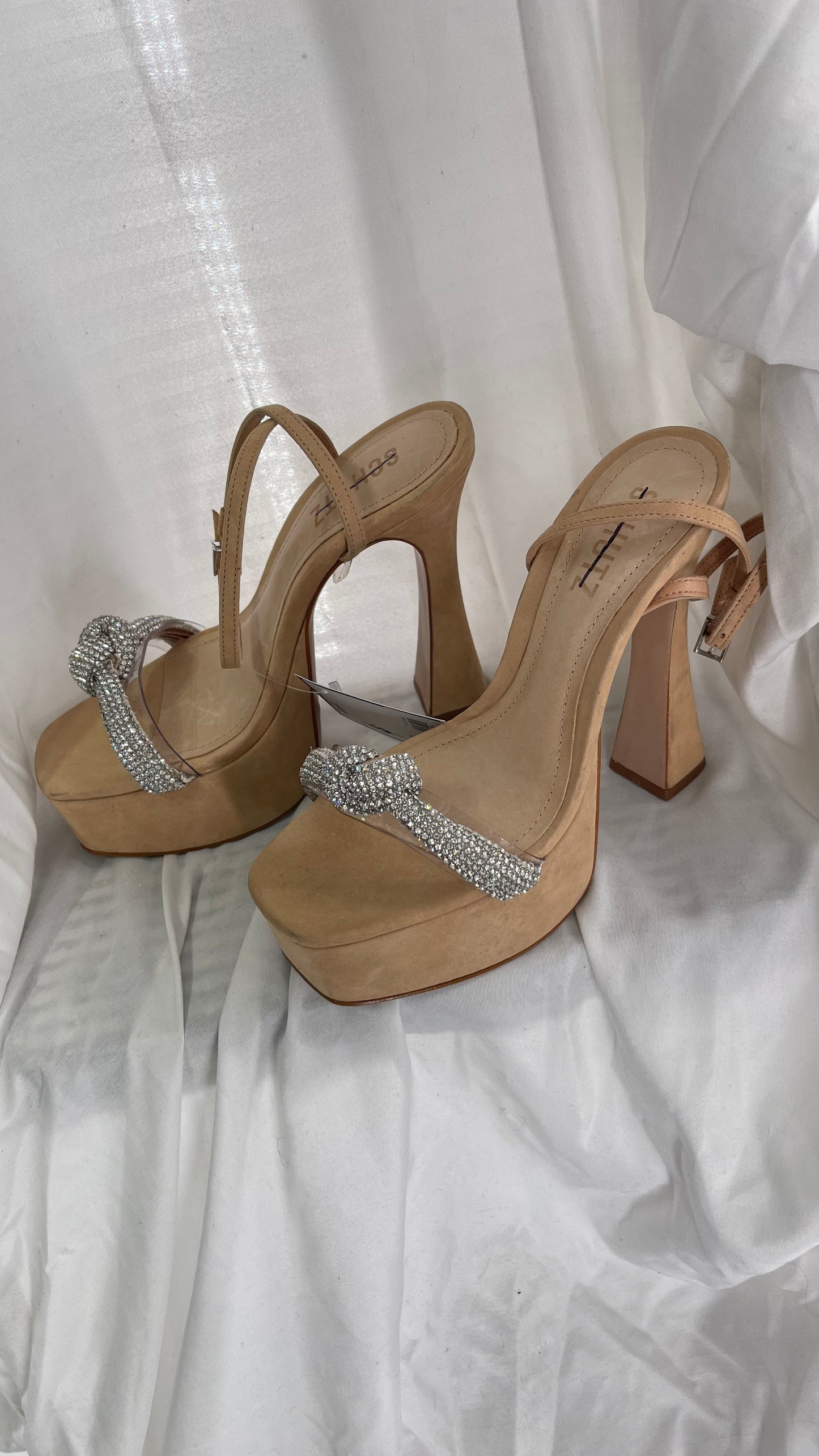 SCHÜTZ Peaky Beige/Tan/Nude Platform Heel with Funky Heel and Clear Knot Rhinestone Toe Strap (6)