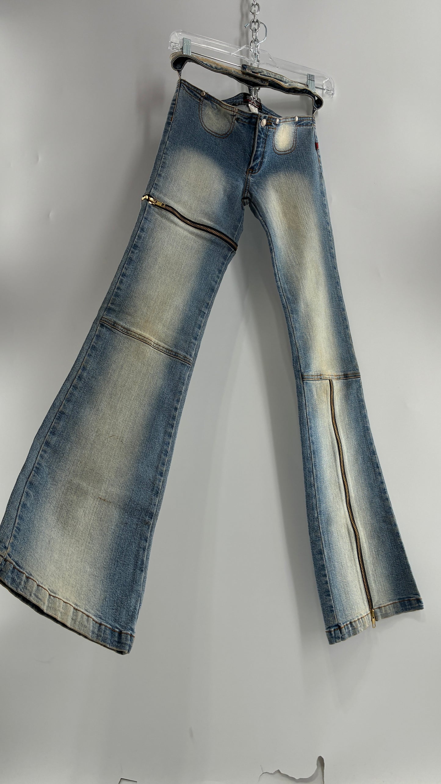 Vintage XCESO JEANS Rare Faded Double Waistband Kickflare Jeans with Functional Zipper Details (Medium*)