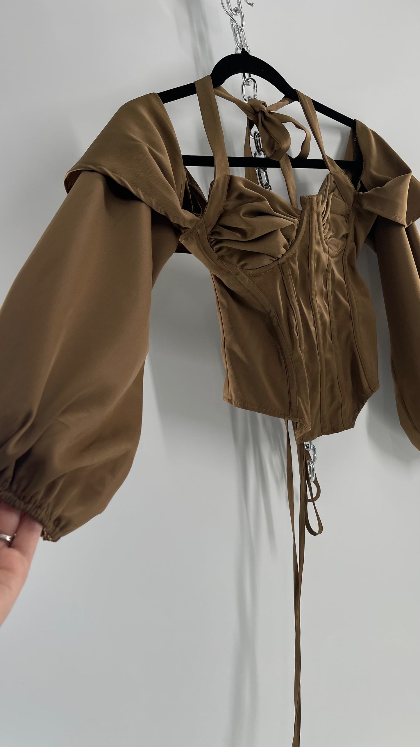 Pretty Little Thing Tan/Gold Corset Blouse with Draped Shoulders, Balloon Sleeves, Halter Strap and Lace Up Back (4)