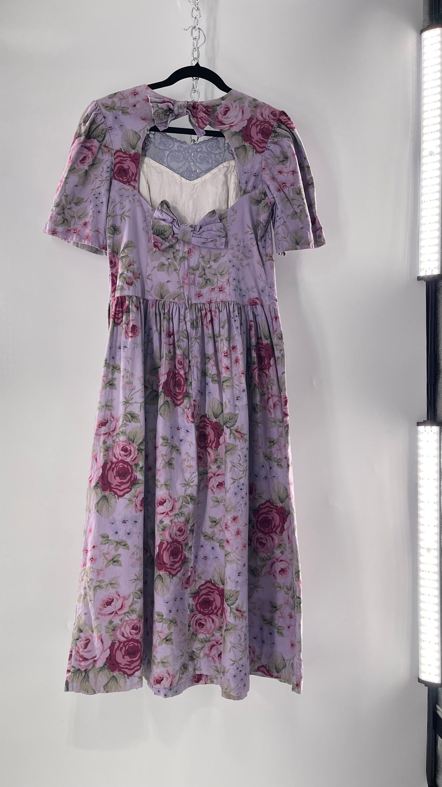 Vintage Urban Renewal Reworked and Upcycled Misty Lane Lilac/Lavender Floral Fit/Flare Dress with Sweetheart Neckline, Lace Detail and Bow Adorned Open Back (11/12)