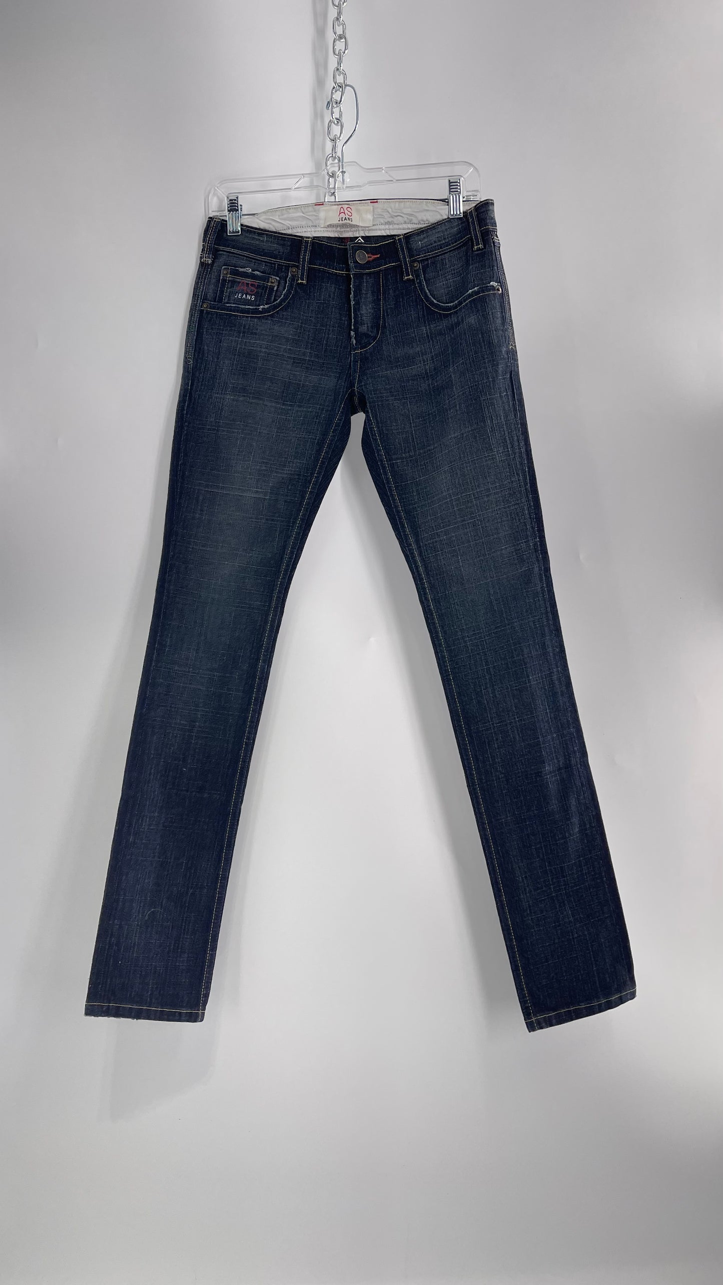 Vintage Smart AS JEANS Dark Wash with Grain and Embroidered/Embellished Kiss Rock Logo (28)