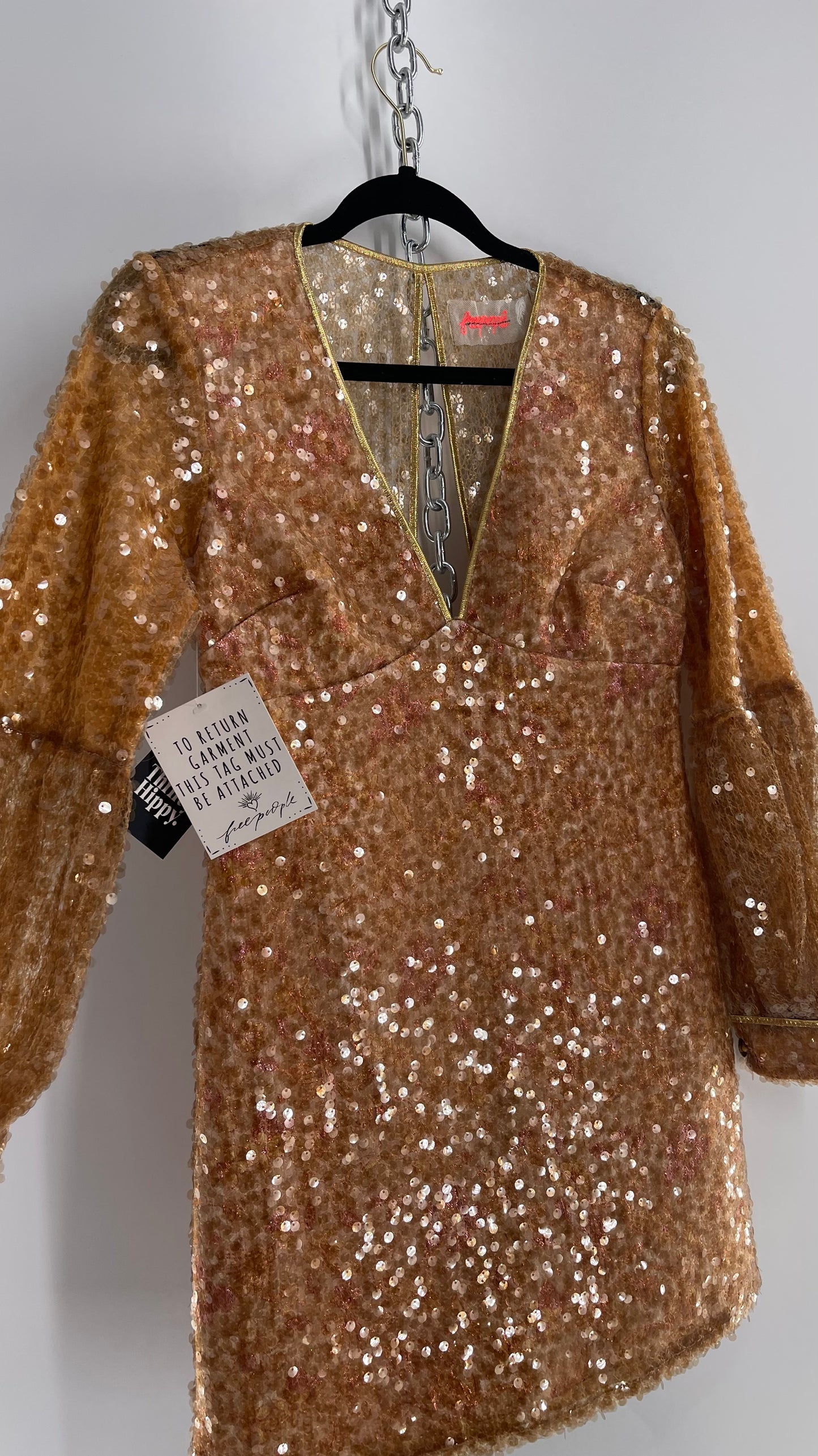 Free People Tapestry Underlay and Gold Sequin Overlay A-Line Mini Dress with Bubble Sleeves
(2)