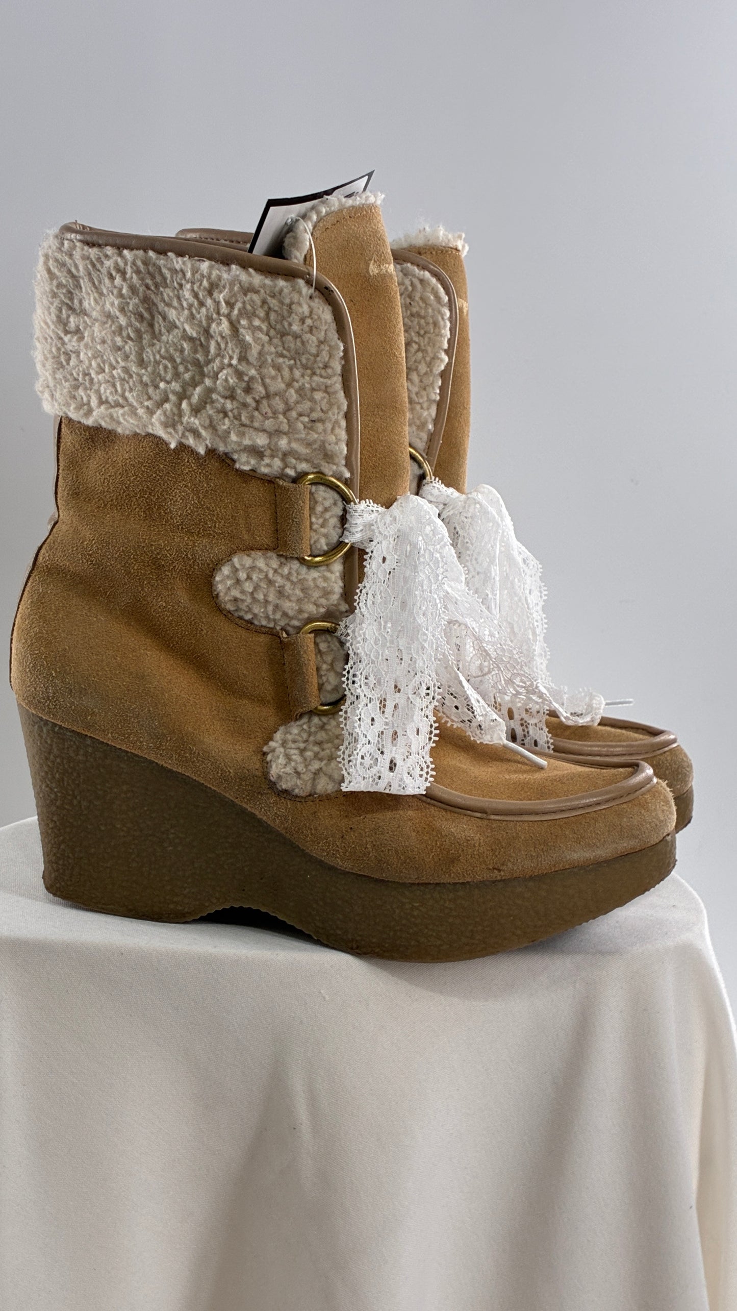 Vintage TOMMY GIRL Suede Leather Wedge Heels with Sherpa Details and Lace Trim Laces (8)