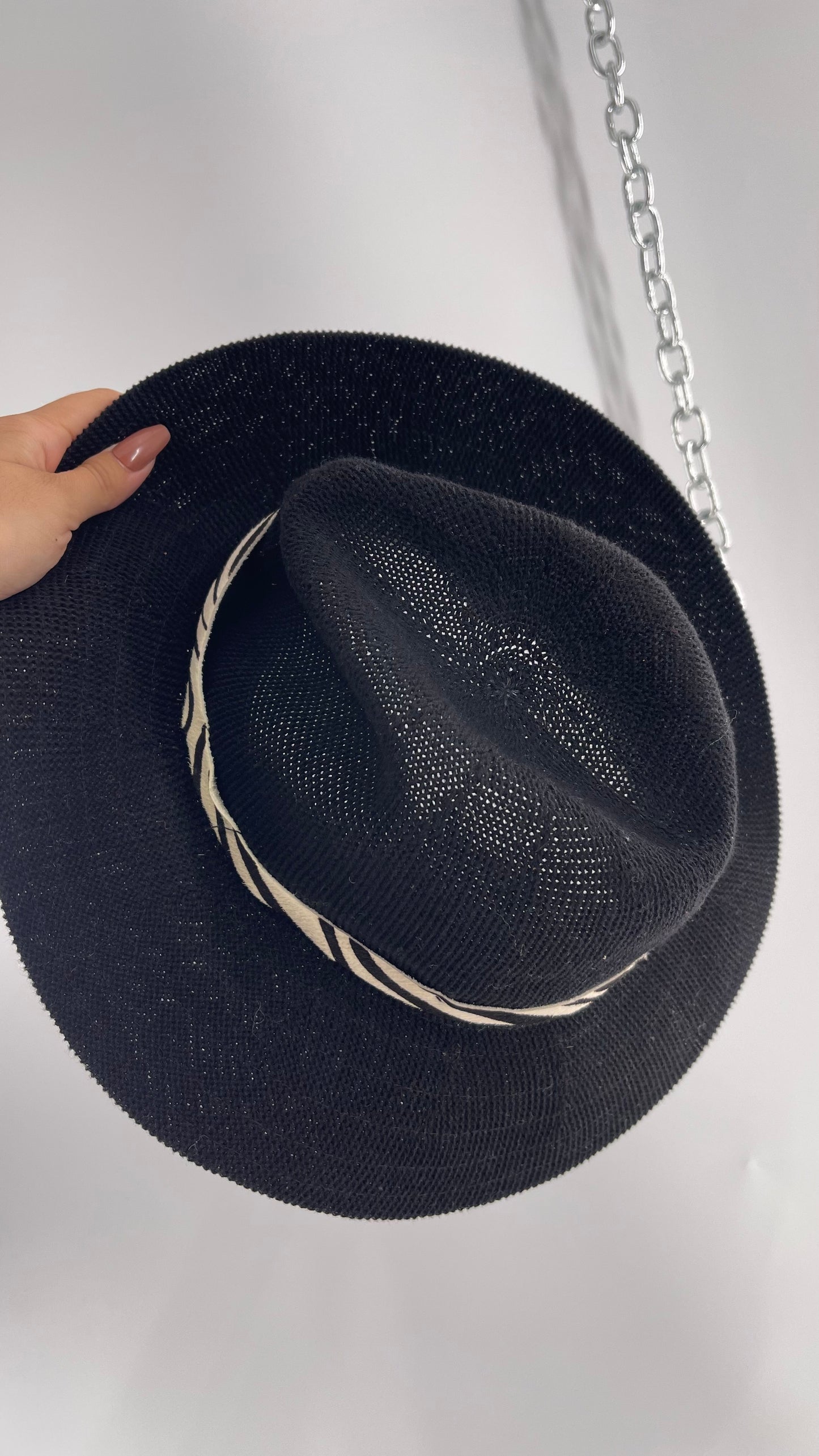 Free People Black 55% Cotton Woven Sun Hat with Textured Fur Belt