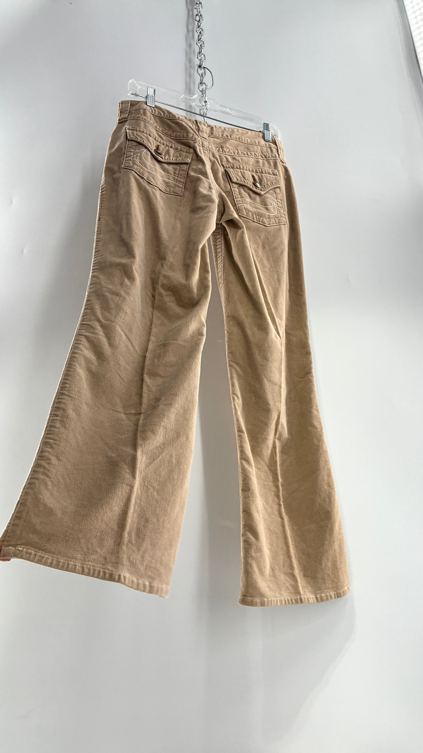 Vintage Fashion Bug Tan Corduroy Kick Flare Pants with Embroidered Bum Pockets (6)