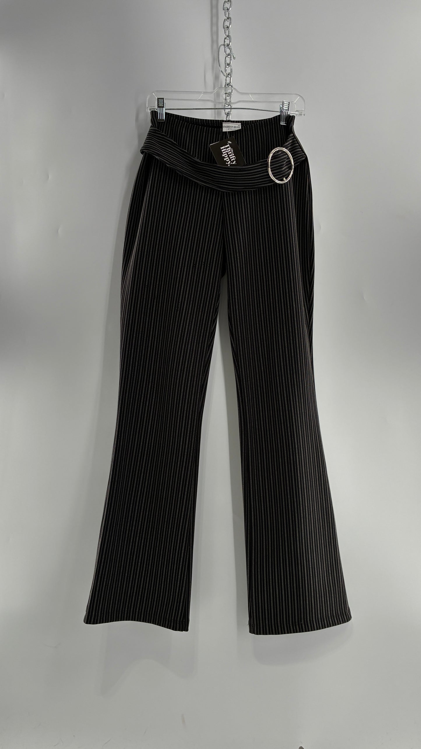 Vintage FASHION BUG Low Rise Black Striped Kick Flares with Silver Buckle Belt 1990s (6)
