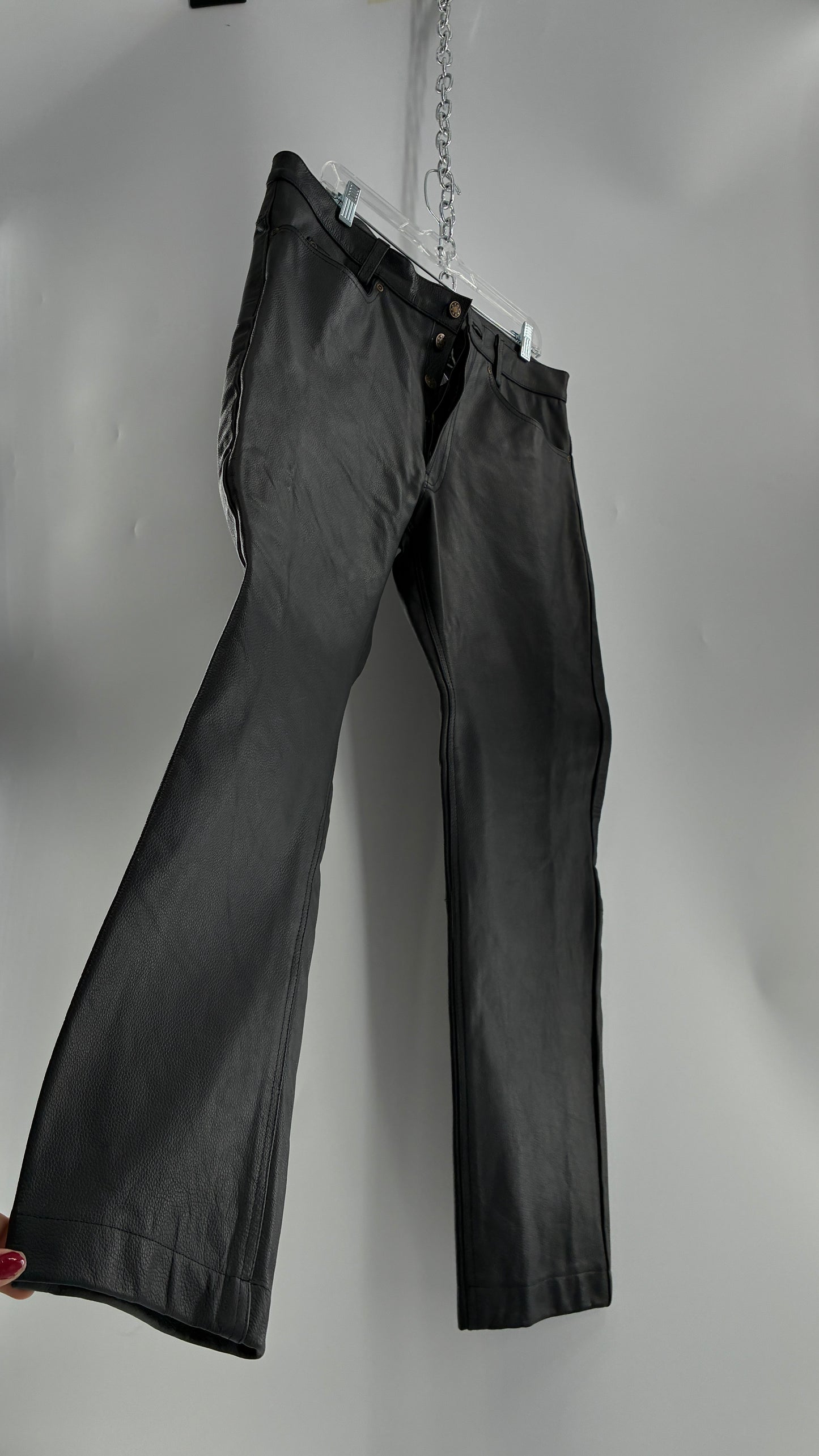 Vintage Button Front, French, Black, Thick Genuine Leather Pants (36)