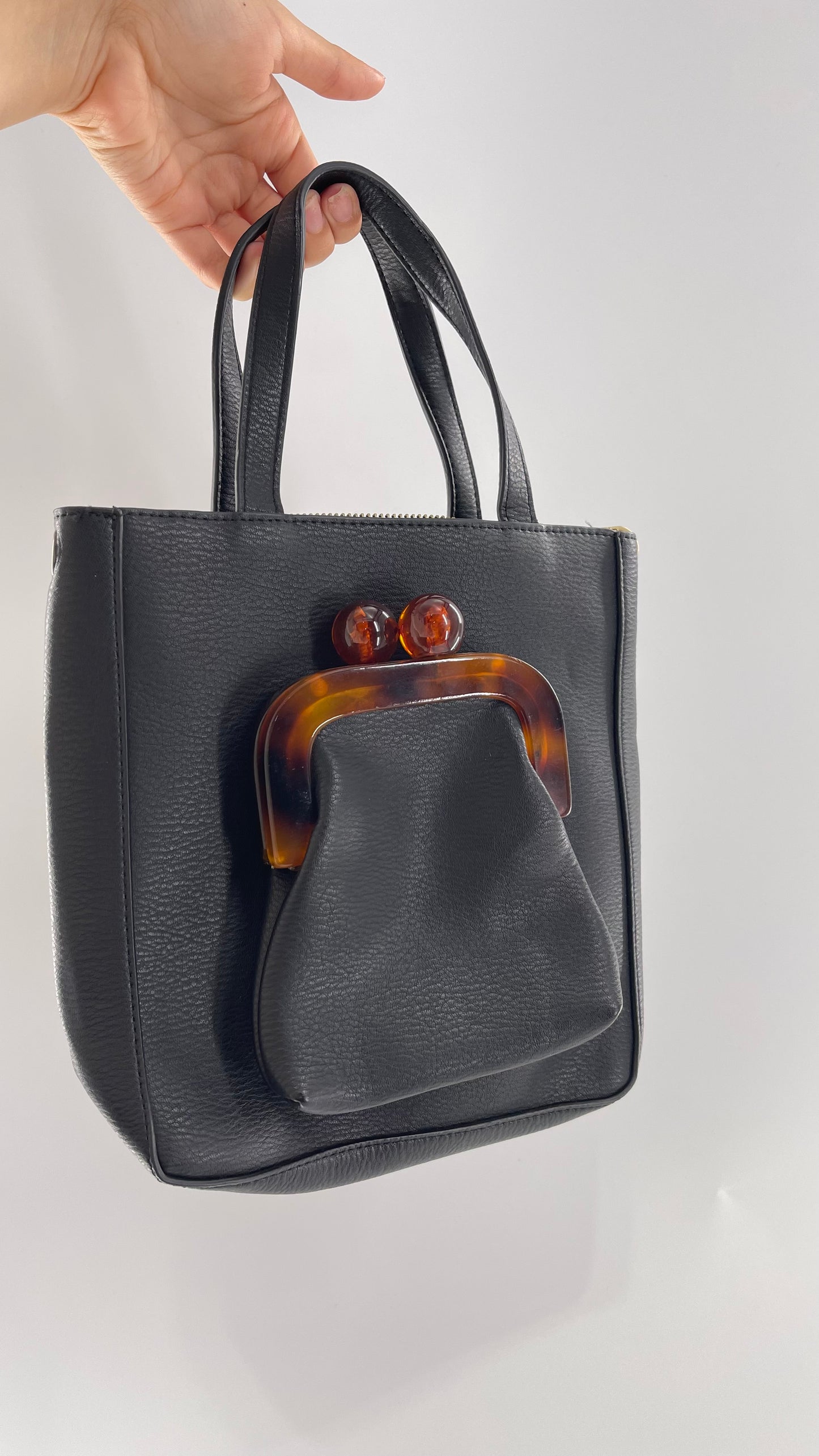 Anthropologie Black Vegan Leather Purse with Detachable Coin Purse and Strap